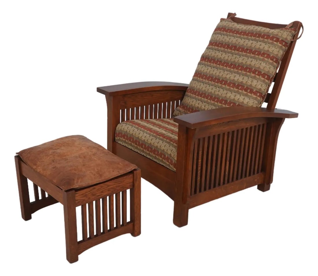 Mission Oak Arts & Crafts Morris Chair with Leather Seat and Ottoman: Mission Oak Arts & Crafts Morris Chair with Leather Seat and Ottoman This exquisite Mission Oak Arts & Crafts Morris Chair and Ottoman set combines timeless design with exceptional craftsmanship. Feat