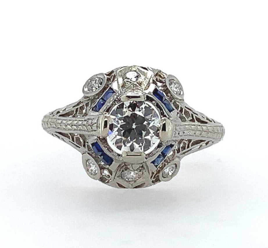 Art Deco Platinum .62ct Diamond Ring with Lab-Created Sapphires GIA Certified (1 of 9)