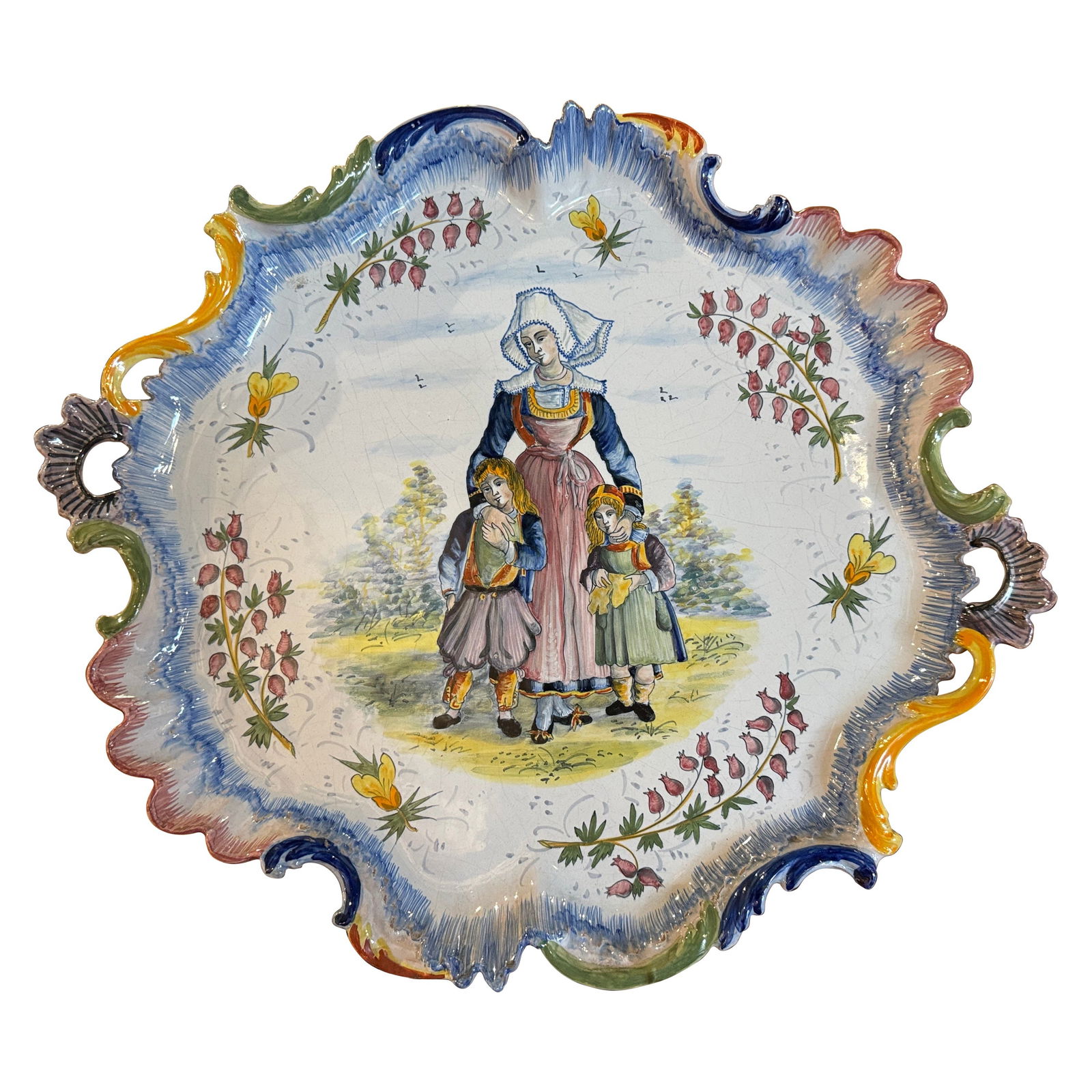 Hand Painted HB Quimper Faience Platter with Breton Family Scene France c1950: Hand Painted HB Quimper Faience Platter with Breton Family Scene France c1950 This mid-century French platter is a hand-painted faience piece crafted in Brittany, France around 1950. The round ceramic