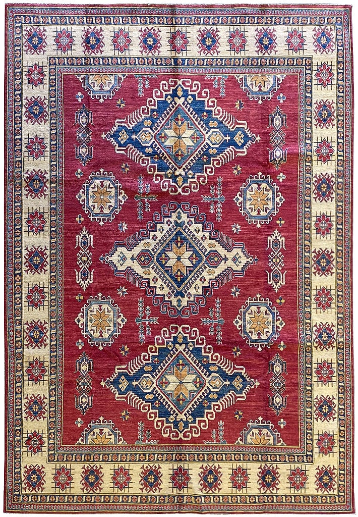 10' x 14' Kazak Handmade Silky Wool Area Rug: 10' x 14' Kazak Handmade Silky Wool Area Rug Free continental US Shipping Enhance your living area with the luxurious 9.9' x 14' Super Kazak Handmade Finer Silky Wool Rug. Expertly crafted by skilled