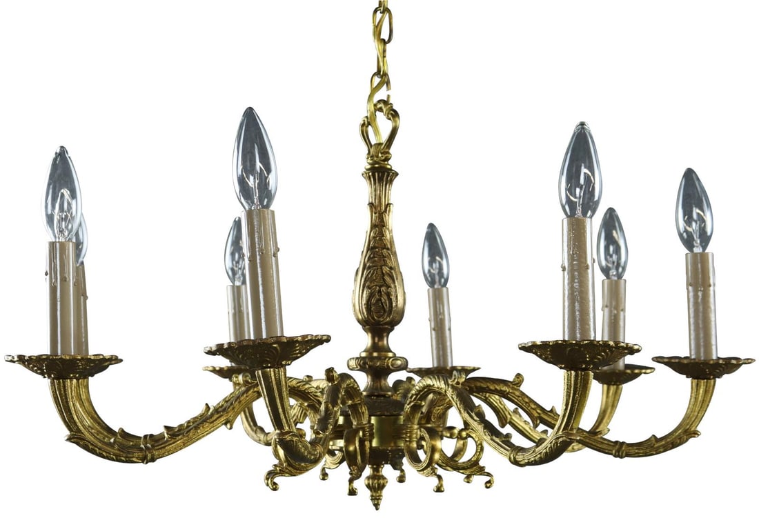 Vintage 1950 French Rococo 8-Light Brass Bowl Chandelier: Vintage 1950 French Rococo 8-Light Brass Bowl Chandelier This exquisite 1950 French Rococo Style Chandelier features an elegant design with a brass finish, showcasing the intricate craftsmanship chara