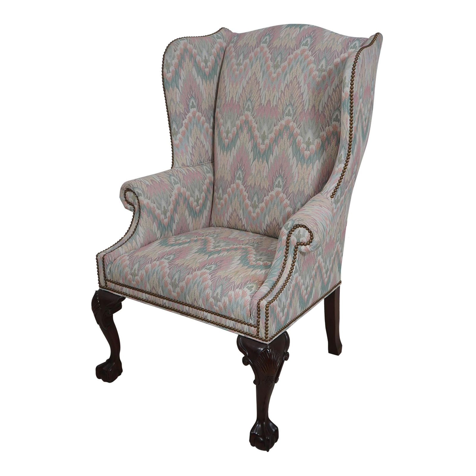 Sherrill Chippendale Wing Chair Ball & Claw Feet Brown Upholstery (1 of 10)