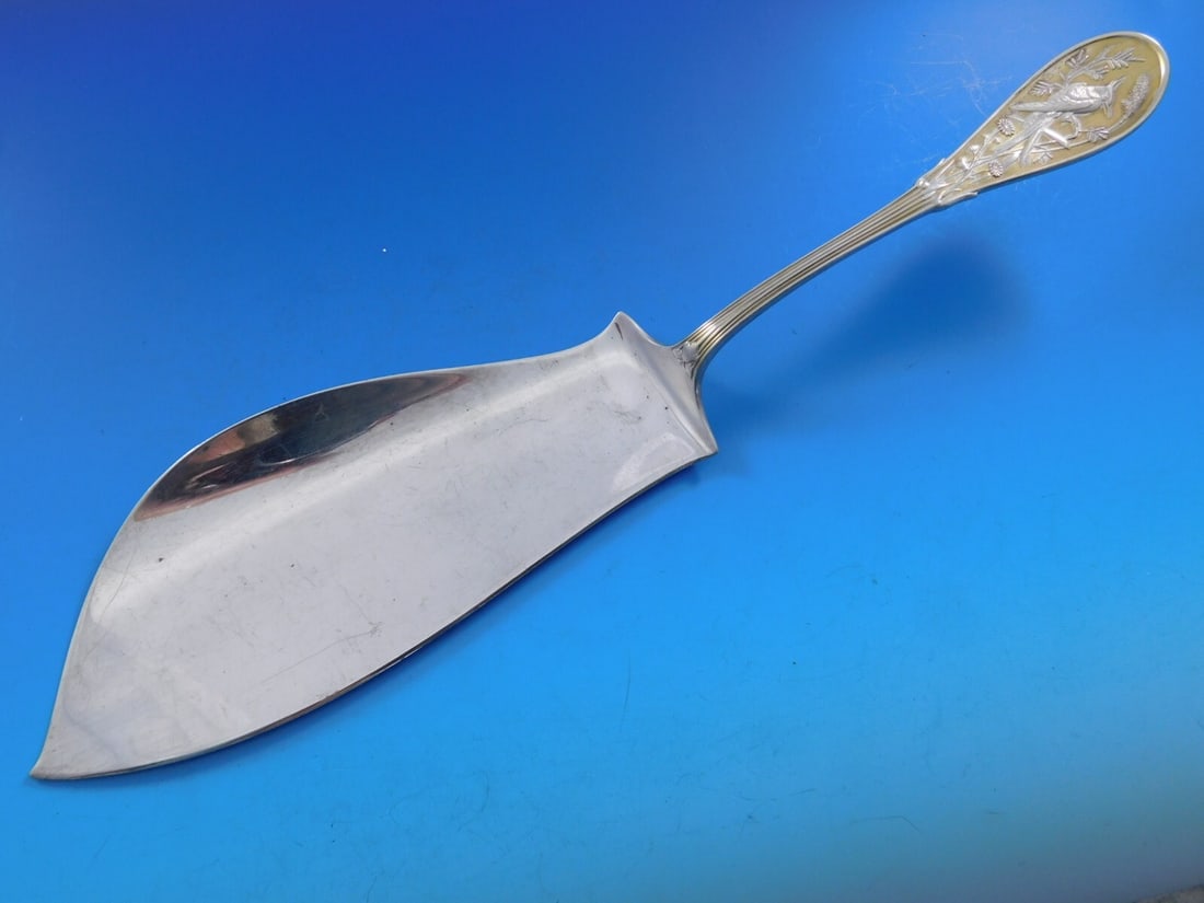 Tiffany & Co Japanese Sterling Silver Fish Server 12" Vermeil Handle: Tiffany & Co Japanese Sterling Silver Fish Server 12" Vermeil Handle This exquisite fish server by Tiffany & Co. showcases the renowned Japanese pattern, crafted from high-quality sterling silver. Mea