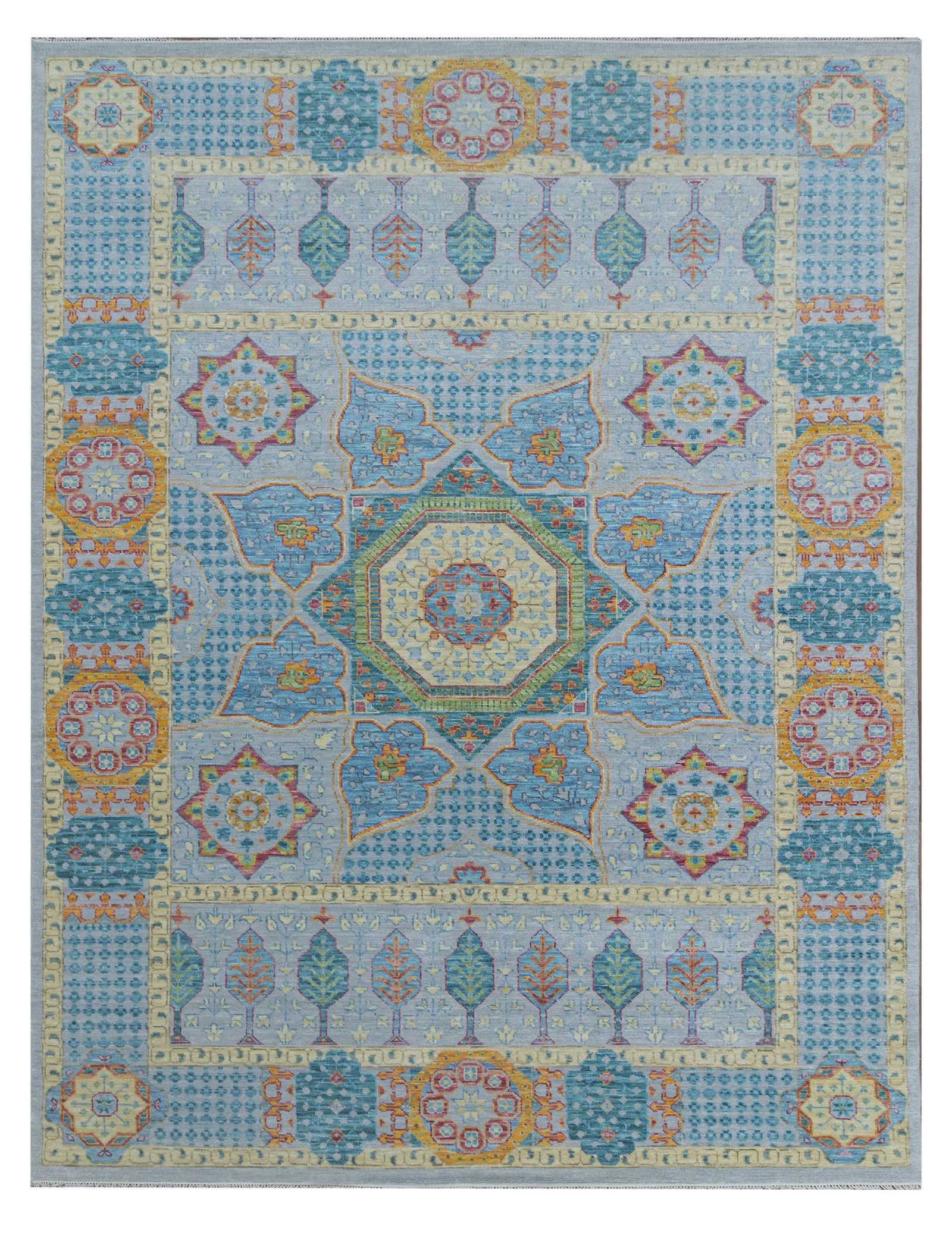 10.1 x 14.1 Turquoise Oushak Mamlook Handcrafted Wool Area Rug: 10.1 x 14.1 Turquoise Oushak Mamlook Handcrafted Wool Area Rug Free continental US Shipping Enhance your space with this stunning 10.1' x 14.1' Turquoise New Oushak Mamlook Rug, a perfect blend of tra