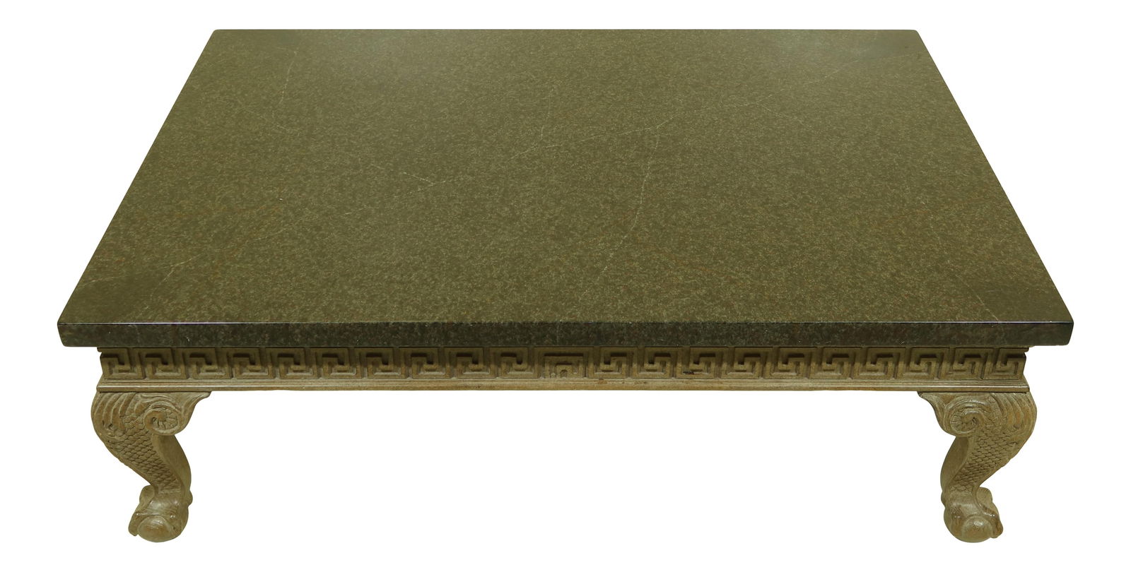 Impressive Faux Marble Ball and Claw Foot Coffee Table with Greek Key Skirt: Impressive Faux Marble Ball and Claw Foot Coffee Table with Greek Key Skirt This large coffee table features an elegant faux marble top and a classic ball and claw foot design, making it a stunning ce