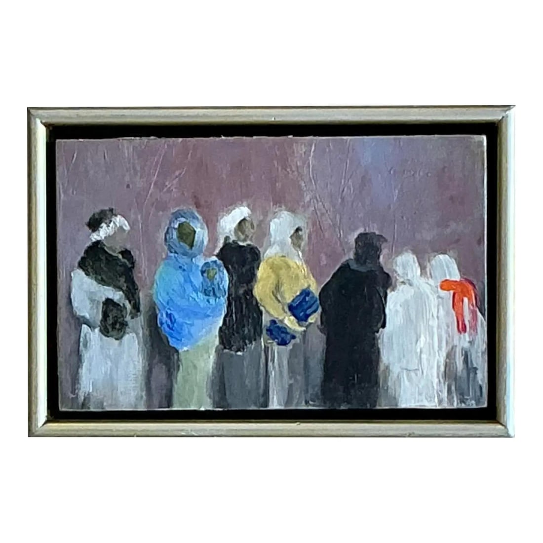 Urban Scene Bohemian Oil Painting on Wood by Janice Roediger: Urban Scene Bohemian Oil Painting on Wood by Janice Roediger This vintage boho-style oil painting by Janice Roediger features a depiction of city people, blending urban life with bohemian aesthetics.