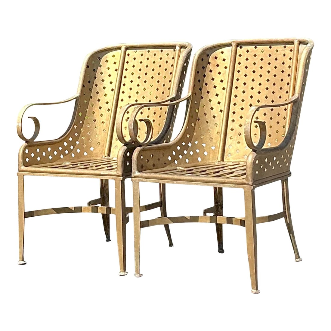 Vintage Regency Punch Cut Diamond Lounge Chairs Pair Gold Aluminum: Vintage Regency Punch Cut Diamond Lounge Chairs Pair Gold Aluminum Elevate your space with this exquisite pair of vintage Regency-style lounge chairs. Featuring an intricate punch-cut diamond design,