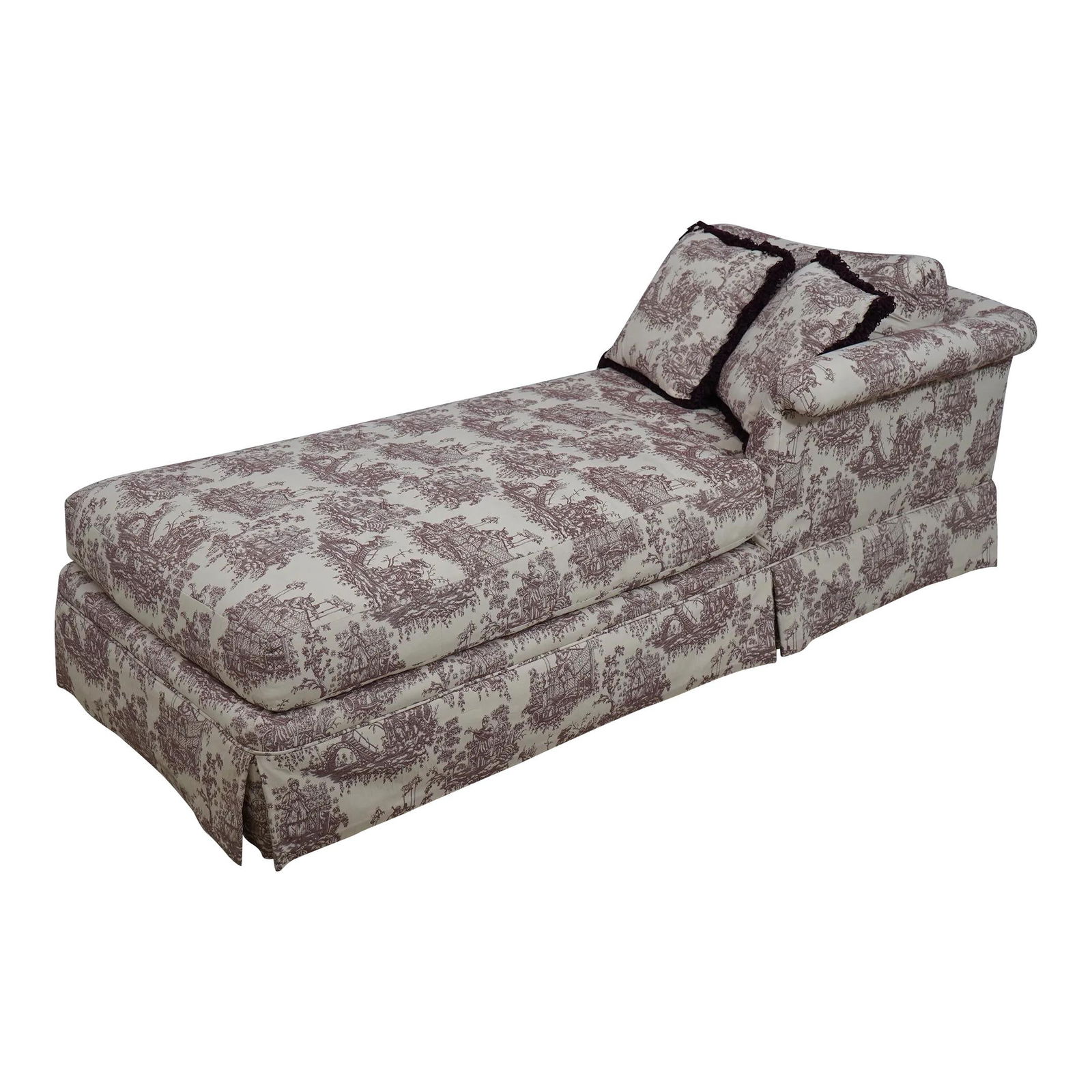 Elegant Mauve Print French Style Chaise Lounge with Pillows: Elegant Mauve Print French Style Chaise Lounge with Pillows Elevate your living space with this exquisite Quality Toile Upholstered Chaise Lounge, featuring a stunning mauve print upholstery that embo