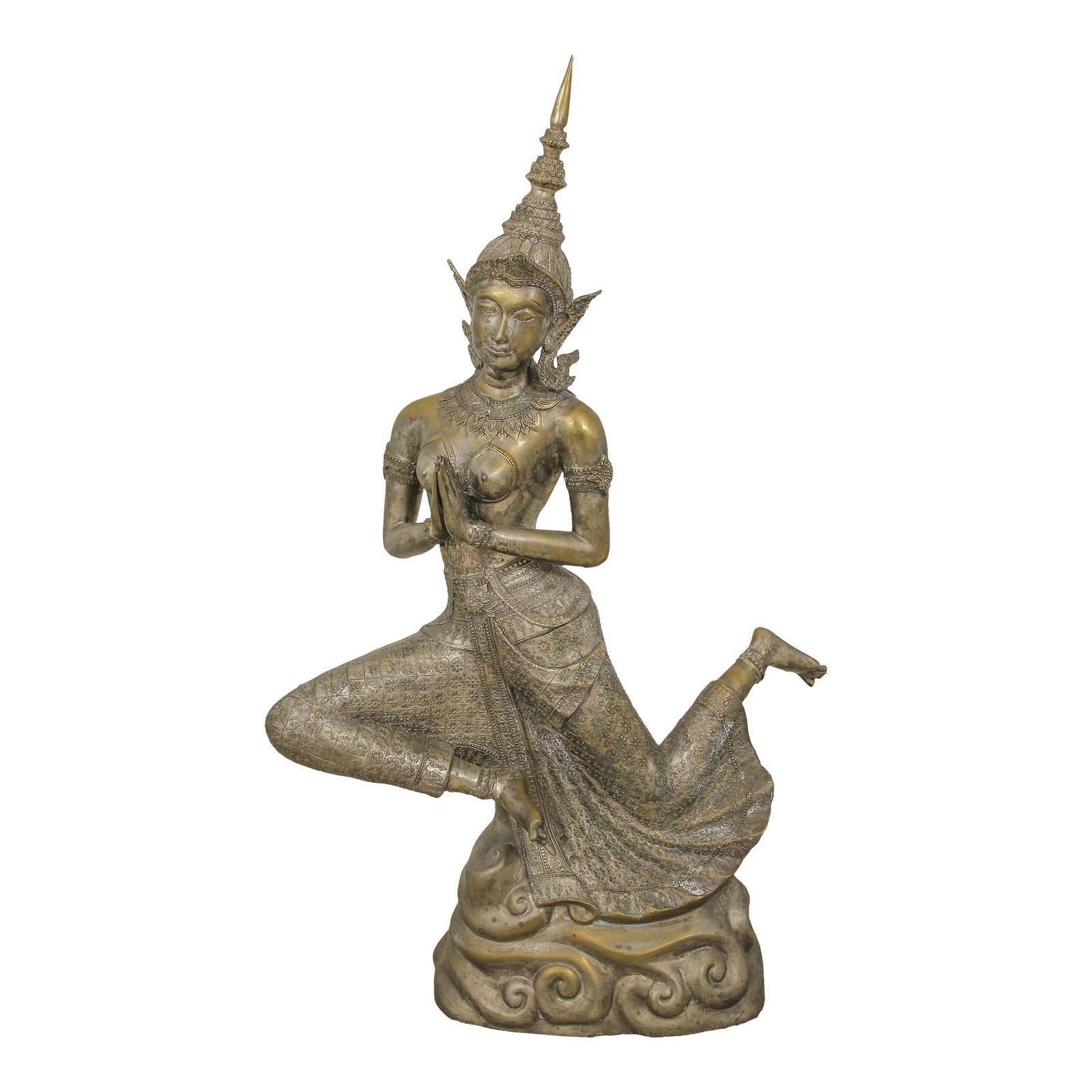 Vintage Asian Sculpture Bronze Silver Finish Modern Design 27x11x41: Vintage Asian Sculpture Bronze Silver Finish Modern Design 27x11x41 This striking vintage Asian sculpture features a bronze and silver finish, showcasing a modern design with intricate details through