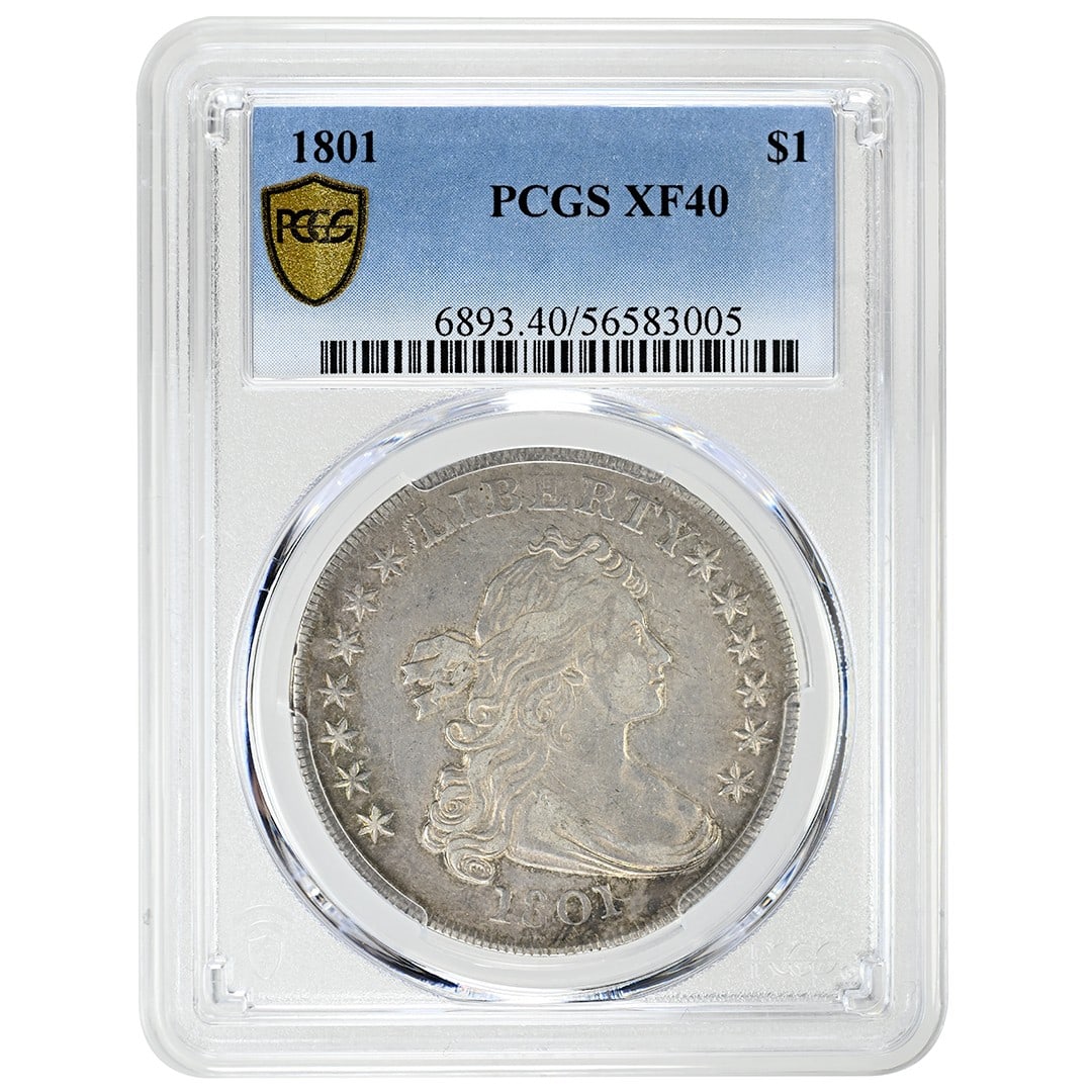 1801 Draped Bust Silver Dollar PCGS XF40 Philadelphia BB-213 B-3: 1801 Draped Bust Silver Dollar PCGS XF40 Philadelphia BB-213 B-3 This is an 1801 Draped Bust Dollar, graded XF40 by PCGS. The coin was minted in Philadelphia and is composed of silver. It features the