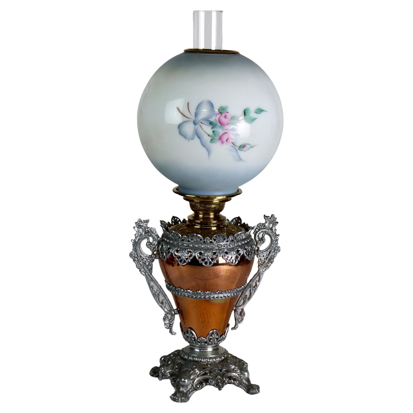 Victorian Mixed Metal Parlor Lamp With Painted Glass Globe Circa 1890 (1 of 6)