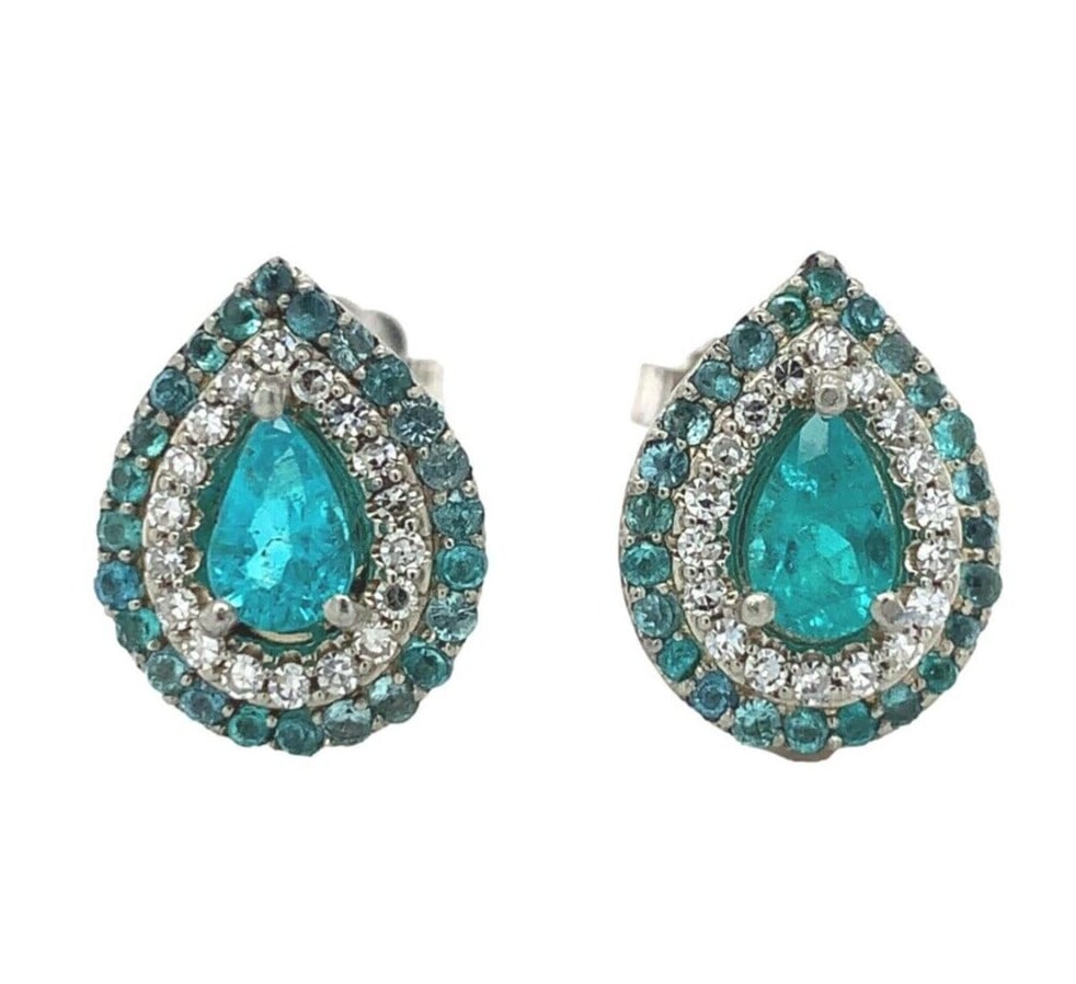 14k White Gold Paraiba Tourmaline Diamond Stud Earrings Certified Brazil (1 of 8)