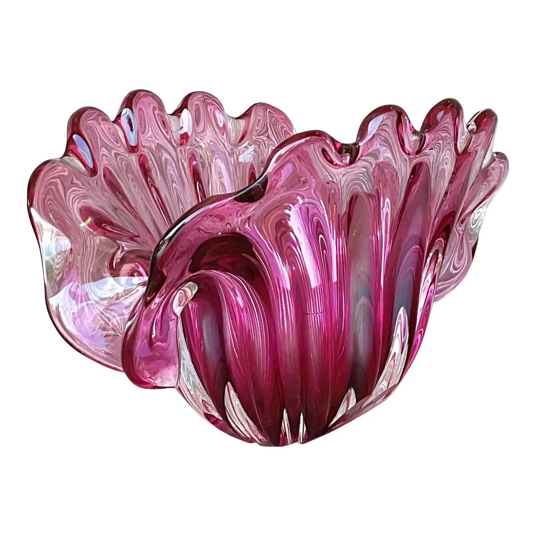 Vintage Murano Style Bi-Level Art Glass Bowl Cranberry-Pink: Vintage Murano Style Bi-Level Art Glass Bowl Cranberry-Pink Enhance your decor with this exquisite vintage Italian art glass bowl, inspired by Murano craftsmanship. Featuring a captivating bi-level de