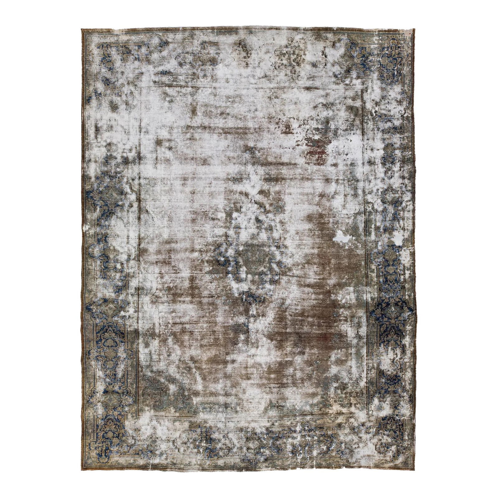 Vintage Kerman Handmade Persian Wool Rug 10' x 13'3'' Brown Blue Beige: Vintage Kerman Handmade Persian Wool Rug 10' x 13'3'' Brown Blue Beige This exquisite handmade Persian Kerman wool rug showcases a stunning blue and brown field, beautifully complemented by beige acce