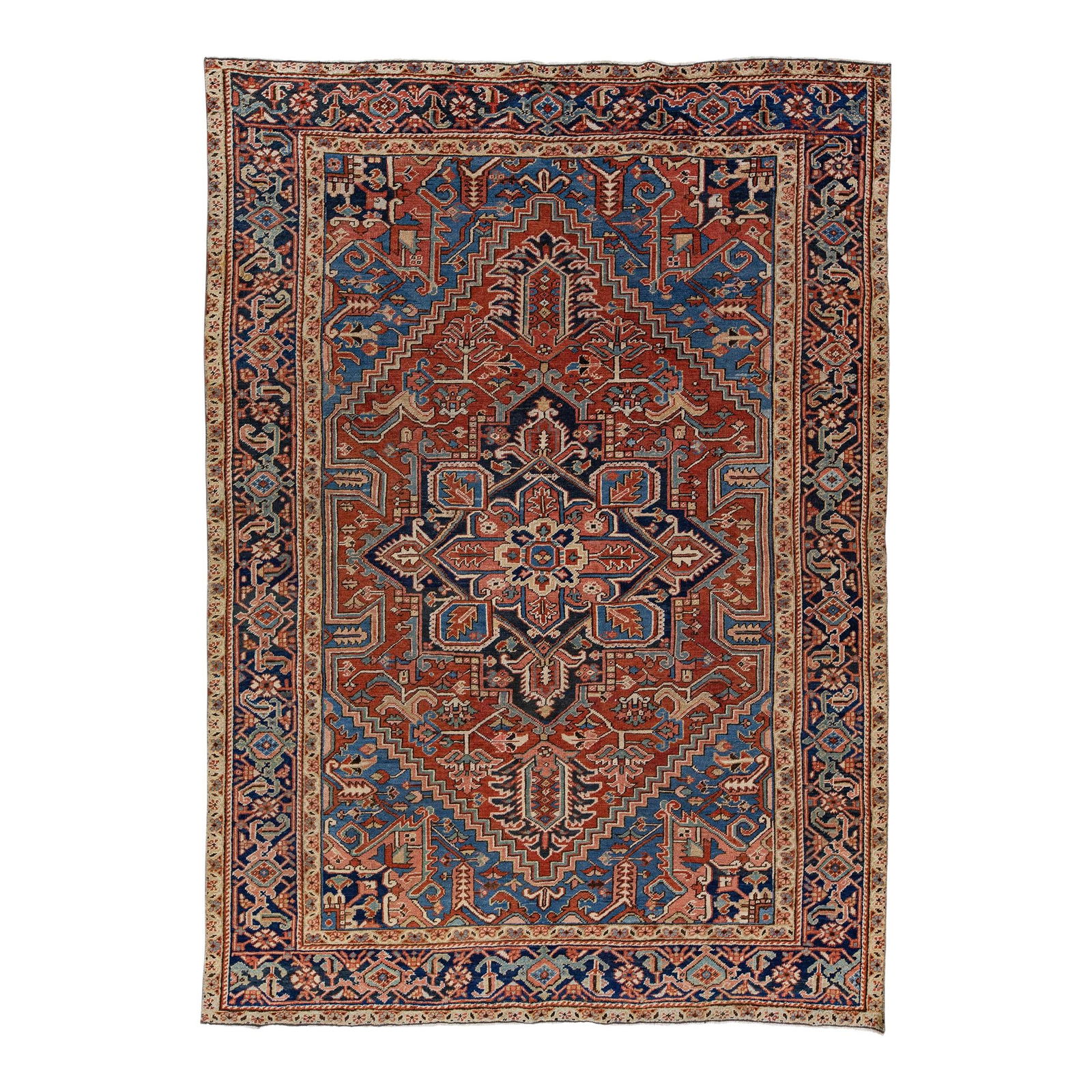Antique Heriz Handmade Wool Rug Rust Medallion Design 7'8 x 10'7: Antique Heriz Handmade Wool Rug Rust Medallion Design 7'8 x 10'7 Enhance your space with this exquisite antique Heriz hand-knotted wool rug, featuring a striking rust field complemented by a navy blue