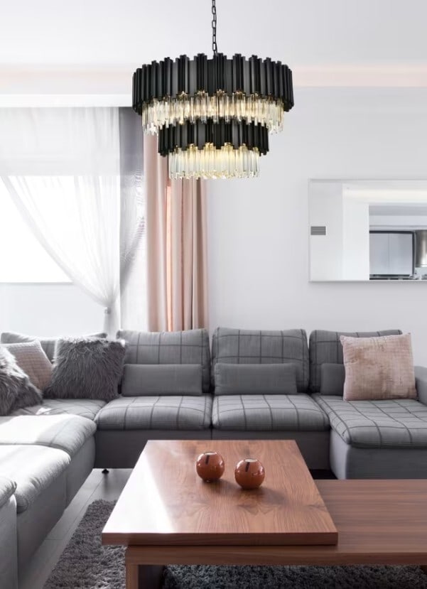 Willow 12-Light 32 Inch Black and Crystal Modern Chandelier Pendant Ceiling Fixture: Willow 12-Light 32 Inch Black and Crystal Modern Chandelier Pendant Ceiling Fixture This modern chandelier features a black frame adorned with royal cut clear crystals, designed to enhance living room