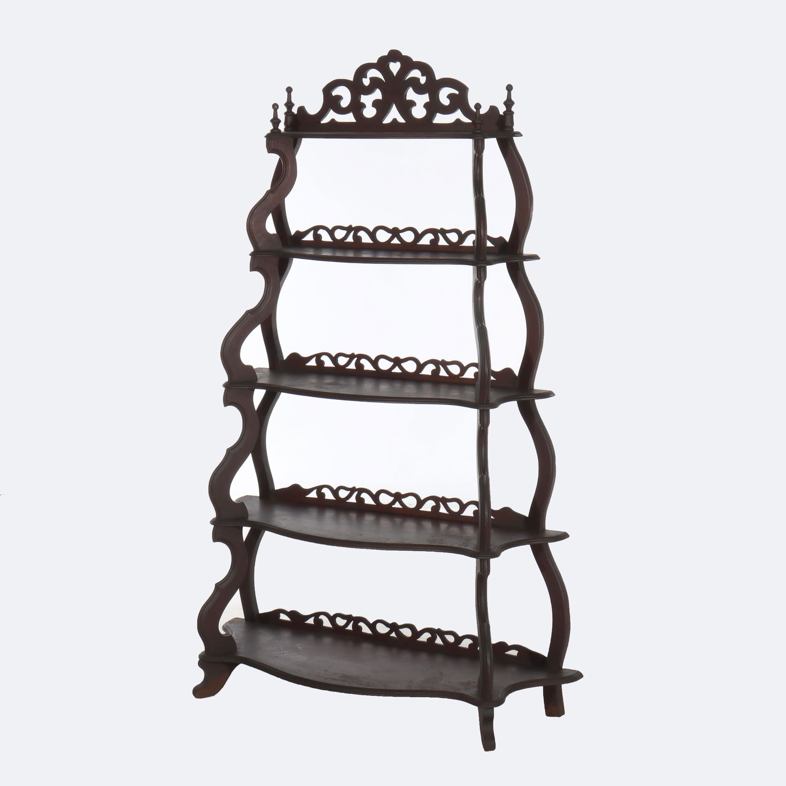 Victorian Antique Walnut Etagere 5 Shelves Cut Out Fretwork C1890: Victorian Antique Walnut Etagere 5 Shelves Cut Out Fretwork C1890 This exquisite antique walnut etagere, crafted circa 1890, features five elegantly designed shelves adorned with intricate cut-out fre