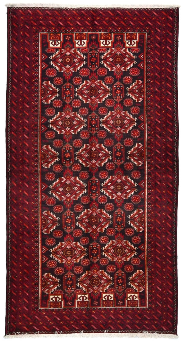 Handmade Wool Area Rug 3'6 x 6'7 Vintage Red Tribal Geometric Design: Handmade Wool Area Rug 3'6 x 6'7 Vintage Red Tribal Geometric Design This vintage handmade Oriental rug features a striking red base with tribal geometric and floral patterns, complemented by shades