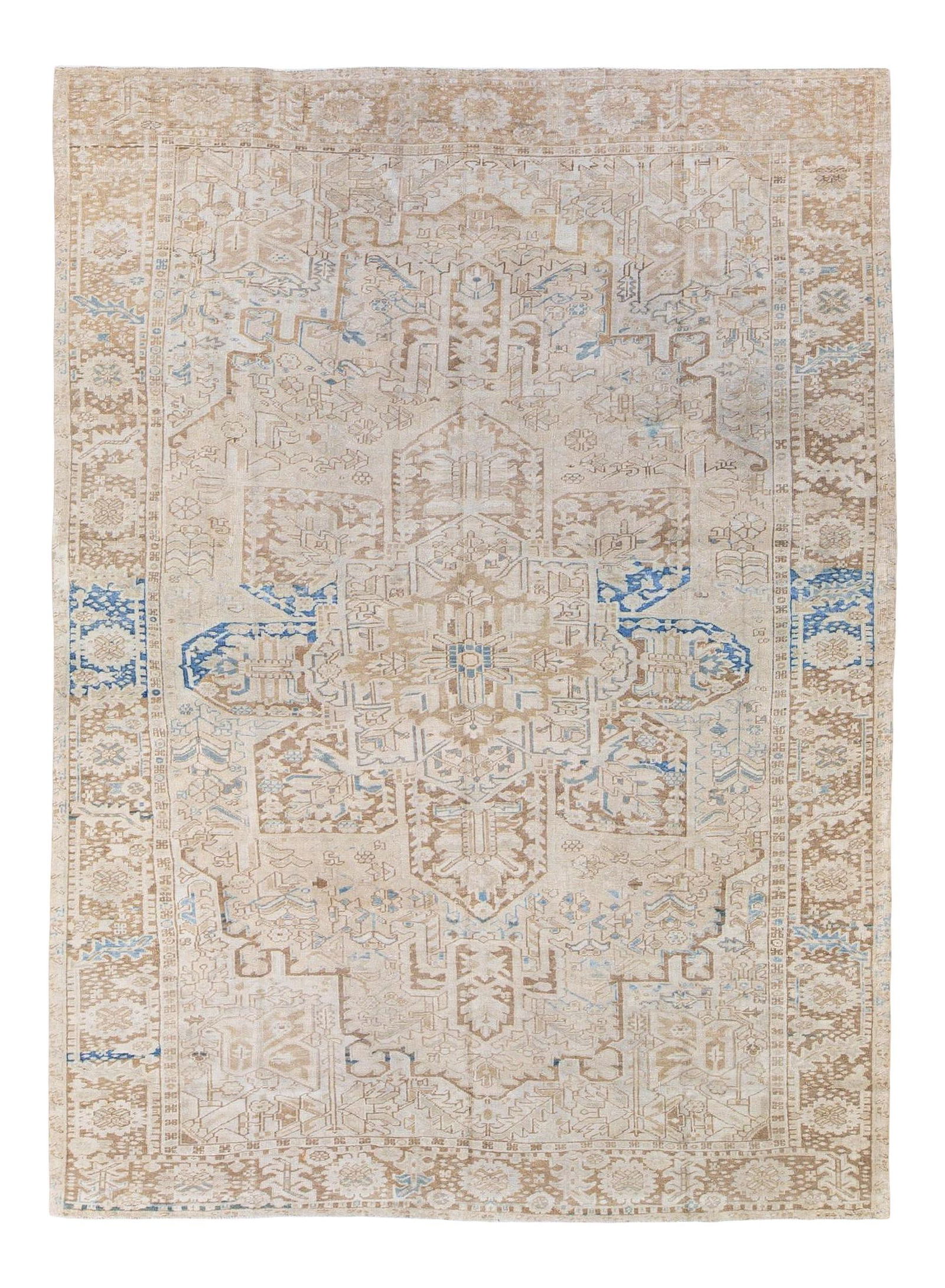 Antique Persian Heriz Hand-Knotted Wool Rug Beige Blue Medallion 8' x 10'11: Antique Persian Heriz Hand-Knotted Wool Rug Beige Blue Medallion 8' x 10'11 Enhance your space with this stunning antique Persian Heriz hand-knotted wool rug, showcasing a beautiful beige field comple
