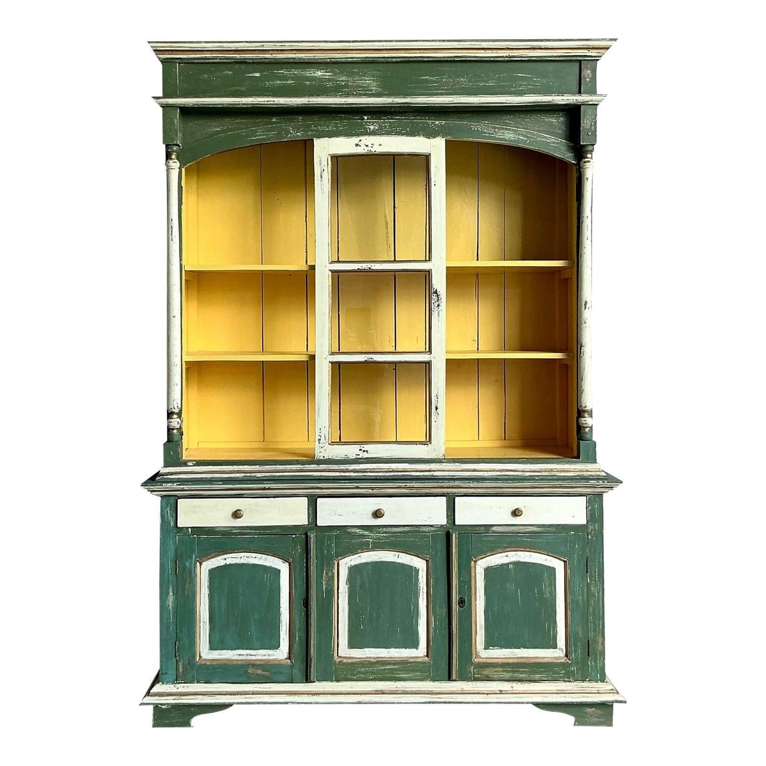 Hand-Painted Green Bohemian Primitive Hutch with Glass Cabinet and Colorful Interior: Hand-Painted Green Bohemian Primitive Hutch with Glass Cabinet and Colorful Interior This vintage Boho Primitive hand-painted hutch features a distressed green exterior with white trim and a vibrant y