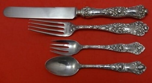 Shiebler American Beauty Sterling Silver 4-Piece Place Setting: Shiebler American Beauty Sterling Silver 4-Piece Place Setting This exquisite 4-piece dinner size place setting from the renowned Shiebler brand features the elegant American Beauty pattern, crafted f