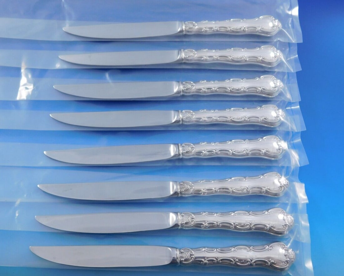 Gorham Strasbourg Sterling Silver 8pc Steak Knife Set Non-Serrated: Gorham Strasbourg Sterling Silver 8pc Steak Knife Set Non-Serrated Elevate your dining experience with this exquisite set of 8 steak knives from the Strasbourg pattern by Gorham. Each knife features a