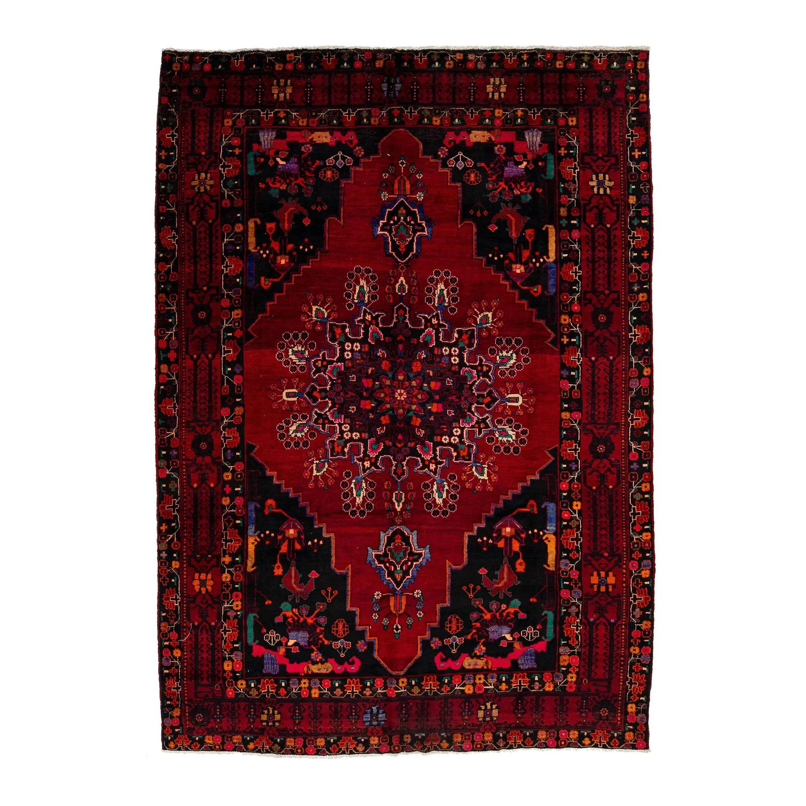 Vintage 1950s Bidjar Persian Wool Rug 7'2 x 10'1 Red Rosette Motif: Vintage 1950s Bidjar Persian Wool Rug 7'2 x 10'1 Red Rosette Motif This exquisite 1950s Bidjar Persian wool rug features a stunning red rosette motif, showcasing the timeless artistry and craftsmanshi