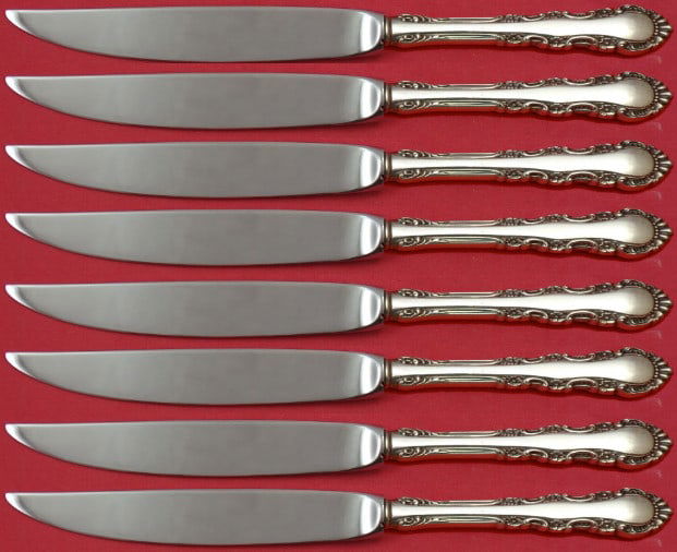 Reed & Barton Georgian Rose 8pc Sterling Steak Knife Set: Reed & Barton Georgian Rose 8pc Sterling Steak Knife Set This exquisite 8-piece steak knife set features a stunning Georgian Rose pattern by Reed & Barton, crafted from high-quality sterling silver. E