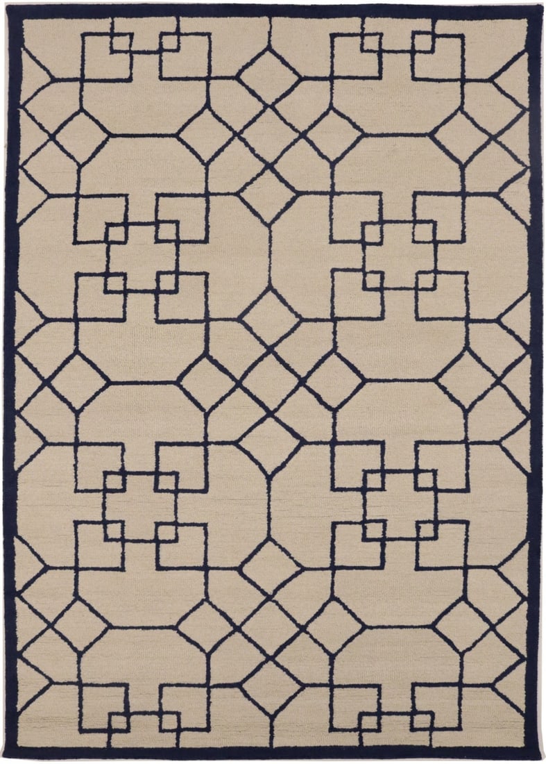 5x8 Modern Geometric Hand-Tufted Wool Area Rug in Cream and Purple-Navy: 5x8 Modern Geometric Hand-Tufted Wool Area Rug in Cream and Purple-Navy This modern area rug features a hand-tufted wool construction with a geometric pattern in cream, dark purple, and navy tones. De
