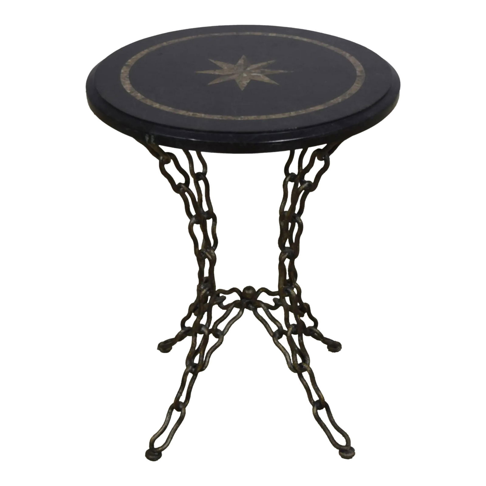 Maitland Smith Round Marble Inlaid Table with Iron Chain Base: Maitland Smith Round Marble Inlaid Table with Iron Chain Base This exquisite round lamp table features a stunning inlaid marble top, showcasing high-quality construction with an iron chain base. The t