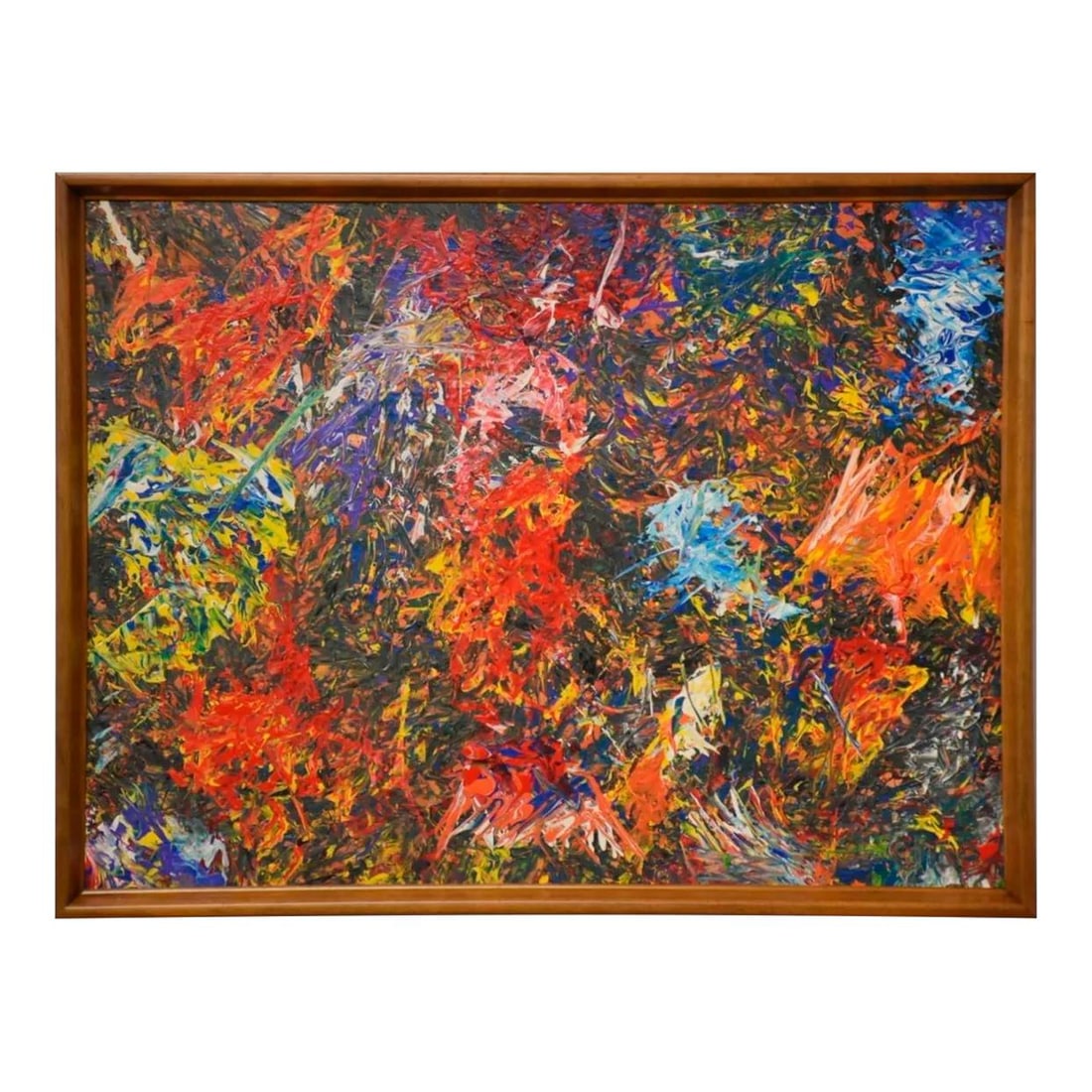 Chae Flux Harmonic Contrasts Abstract Painting in Golden Oak Frame: Chae Flux Harmonic Contrasts Abstract Painting in Golden Oak Frame Experience the vibrant energy of "Harmonic Contrasts," an abstract painting by the talented artist Chae Flux. This artwork features a