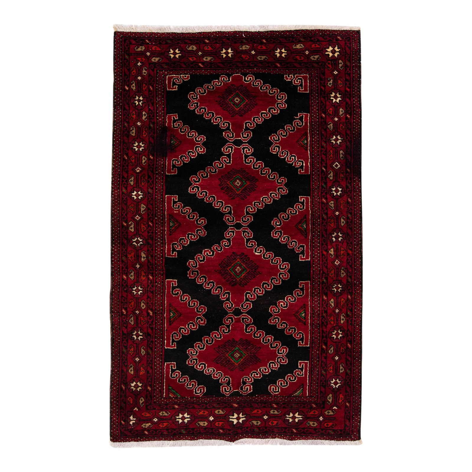 Vintage Persian Shiraz Handmade Red Wool Rug 3'10 x 6'6 Geometric Design: Vintage Persian Shiraz Handmade Red Wool Rug 3'10 x 6'6 Geometric Design Elevate your space with this stunning vintage Persian Shiraz handmade wool rug, featuring a vibrant red color field adorned