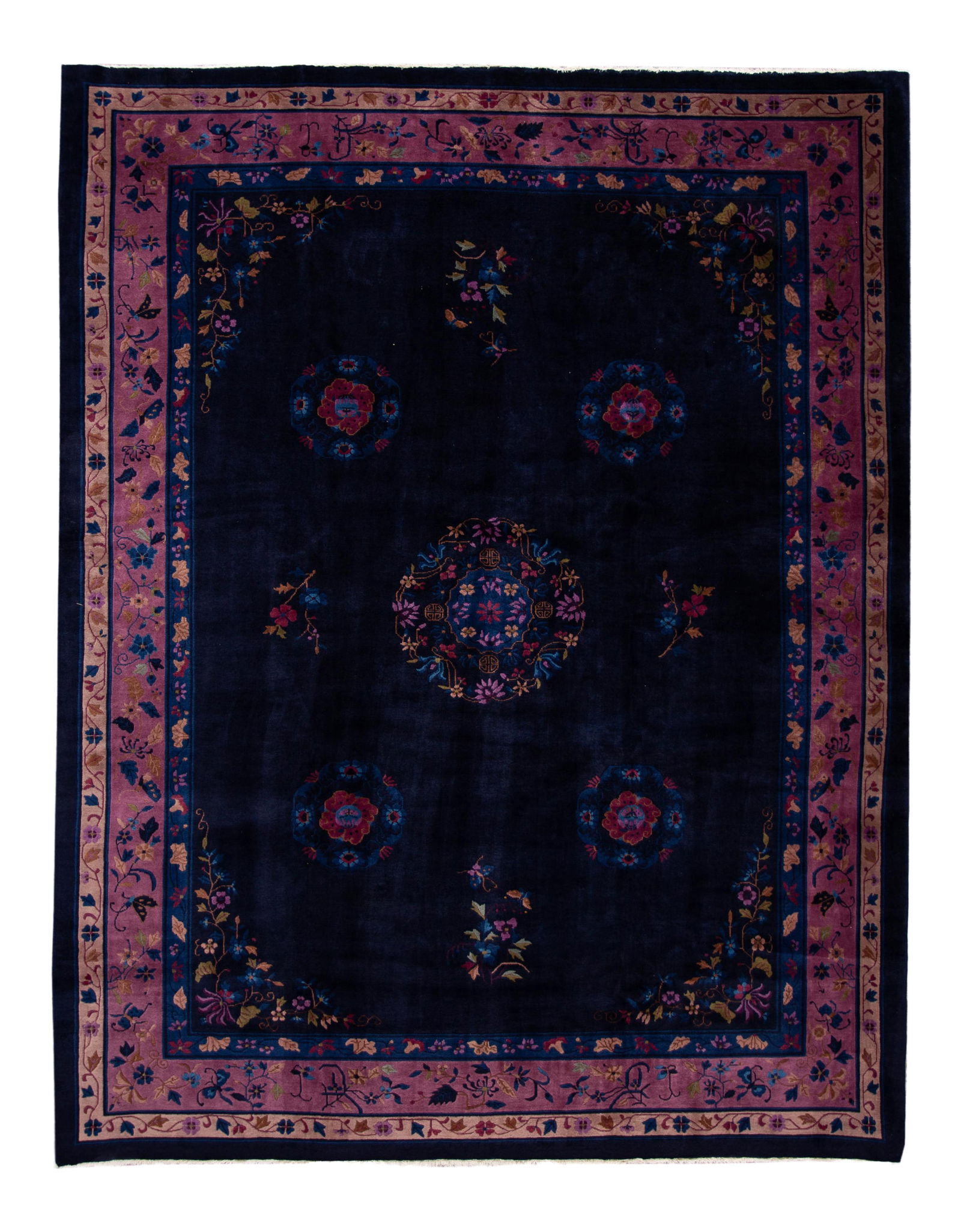 Antique Chinese Art Deco Wool Rug Dark Blue Floral 9' x 11'10" (1 of 10)