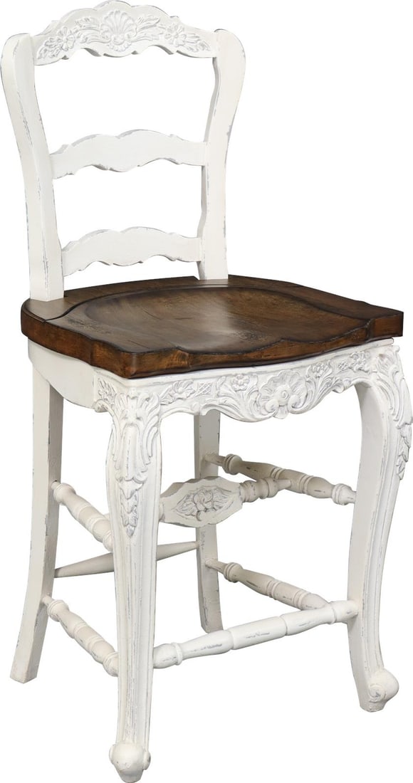 French Country Solid Wood Counter Stool with Whitewash Finish: French Country Solid Wood Counter Stool with Whitewash Finish This charming counter stool features an antique-styled design with a beautiful antiqued whitewash finish and a rustic pecan seat. Crafted