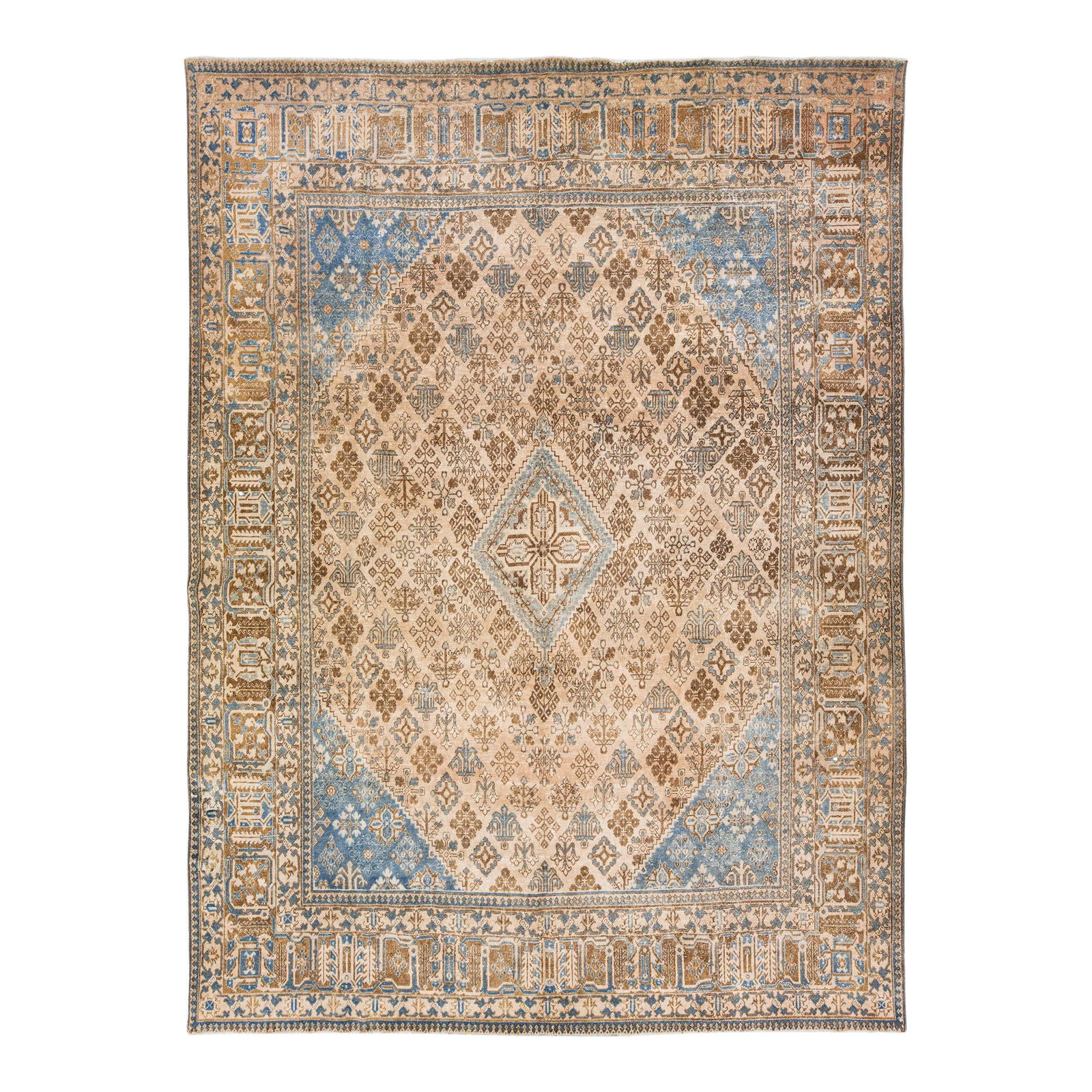 1960s Vintage Persian Hand-Knotted Wool Rug 10'5 x 14'3 Medallion Design: 1960s Vintage Persian Hand-Knotted Wool Rug 10'5 x 14'3 Medallion Design This exquisite vintage Persian hand-knotted wool rug features a beautiful beige field adorned with blue and brown accents in an