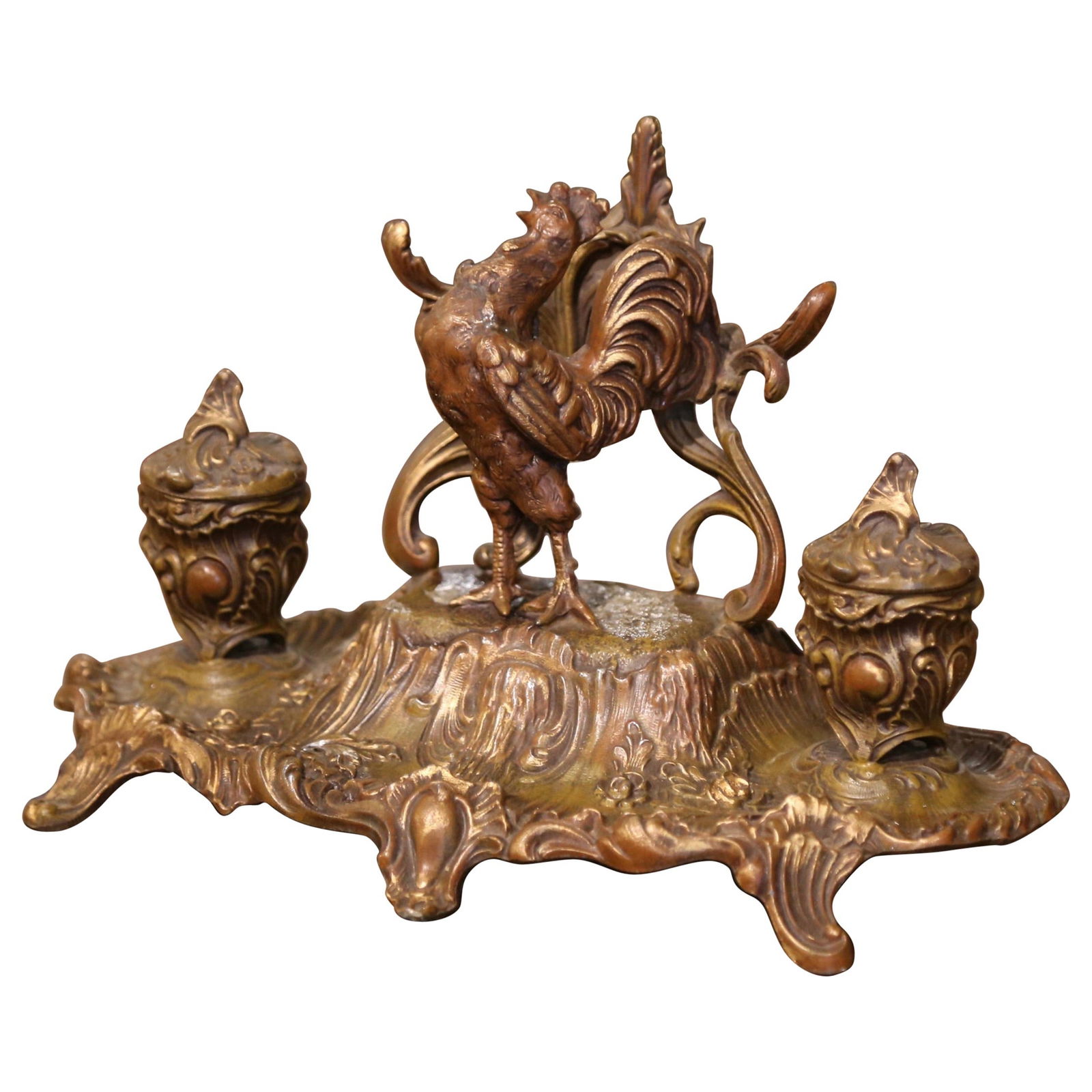 19th Century French Gilt Spelter Inkwell with Rooster Sculpture A Bossu (1 of 12)