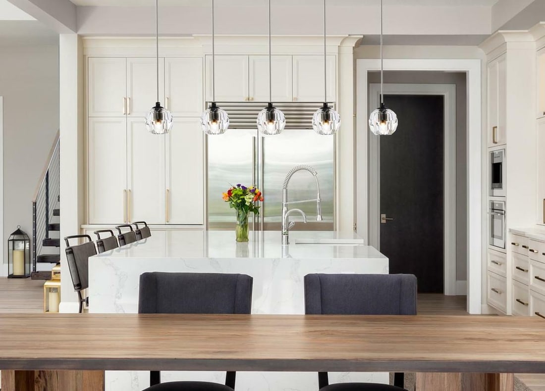 Eren 32 Inch Five Light Crystal and Iron Modern Pendant Chandelier for Dining Room: Eren 32 Inch Five Light Crystal and Iron Modern Pendant Chandelier for Dining Room This modern pendant crystal chandelier features five lights and a sleek black finish with iron and clear crystal shad