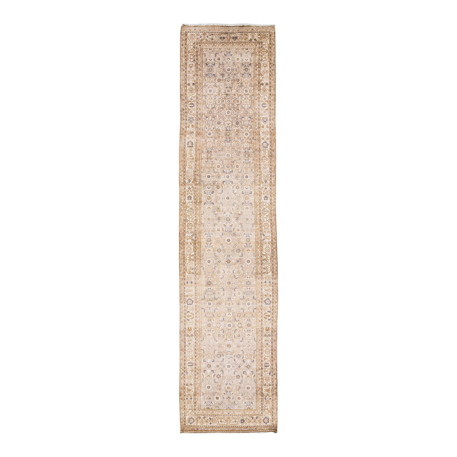 Vintage Persian Hamadan Floral Wool Runner 3'6 x 14'7 Beige: Vintage Persian Hamadan Floral Wool Runner 3'6 x 14'7 Beige This exquisite vintage Persian Hamadan runner showcases a beautifully hand-knotted wool construction featuring a soft beige field. The desig