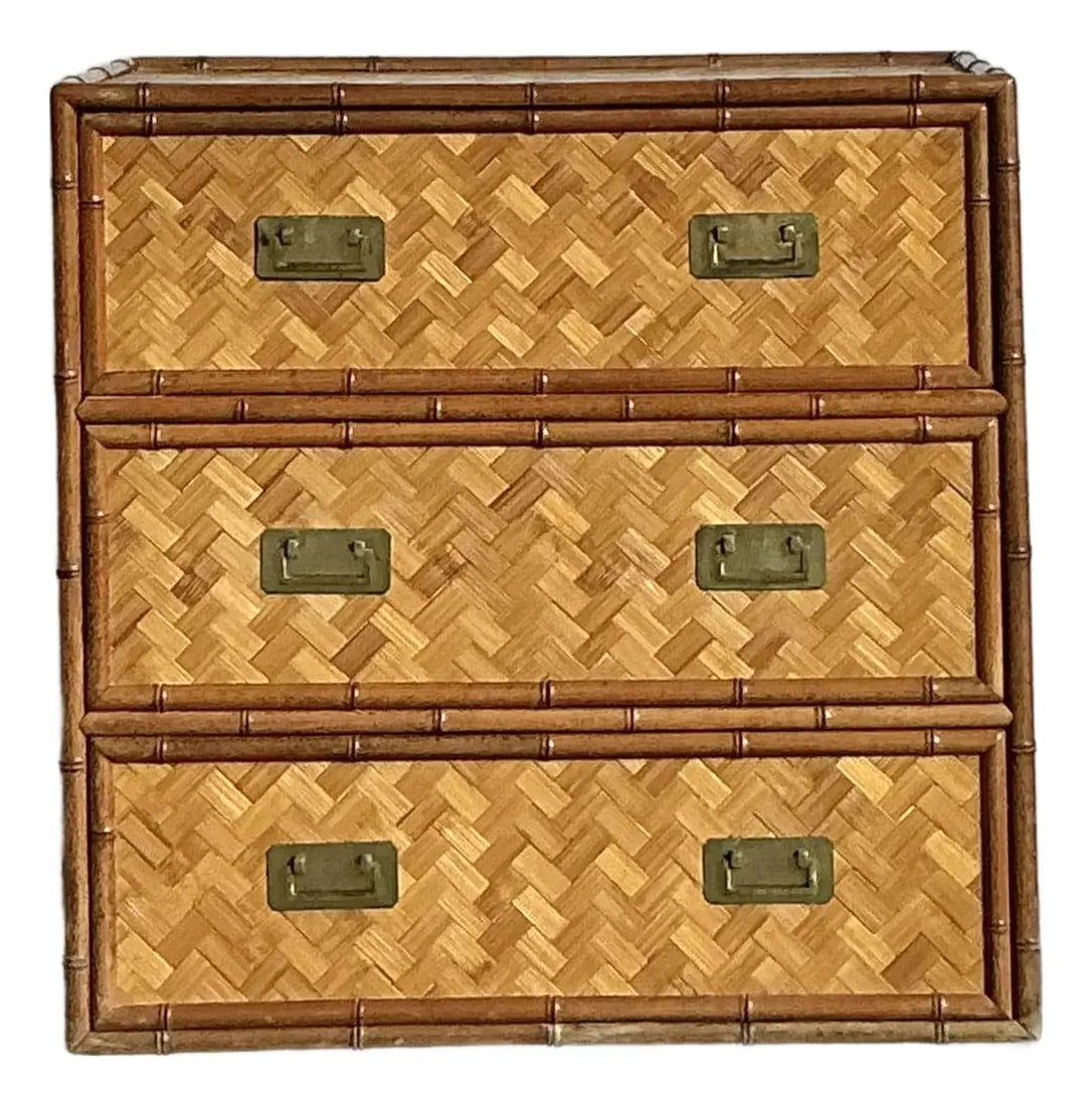 Three-Drawer Rattan Chest With Parquet Pattern and Brass Pulls (1 of 6)