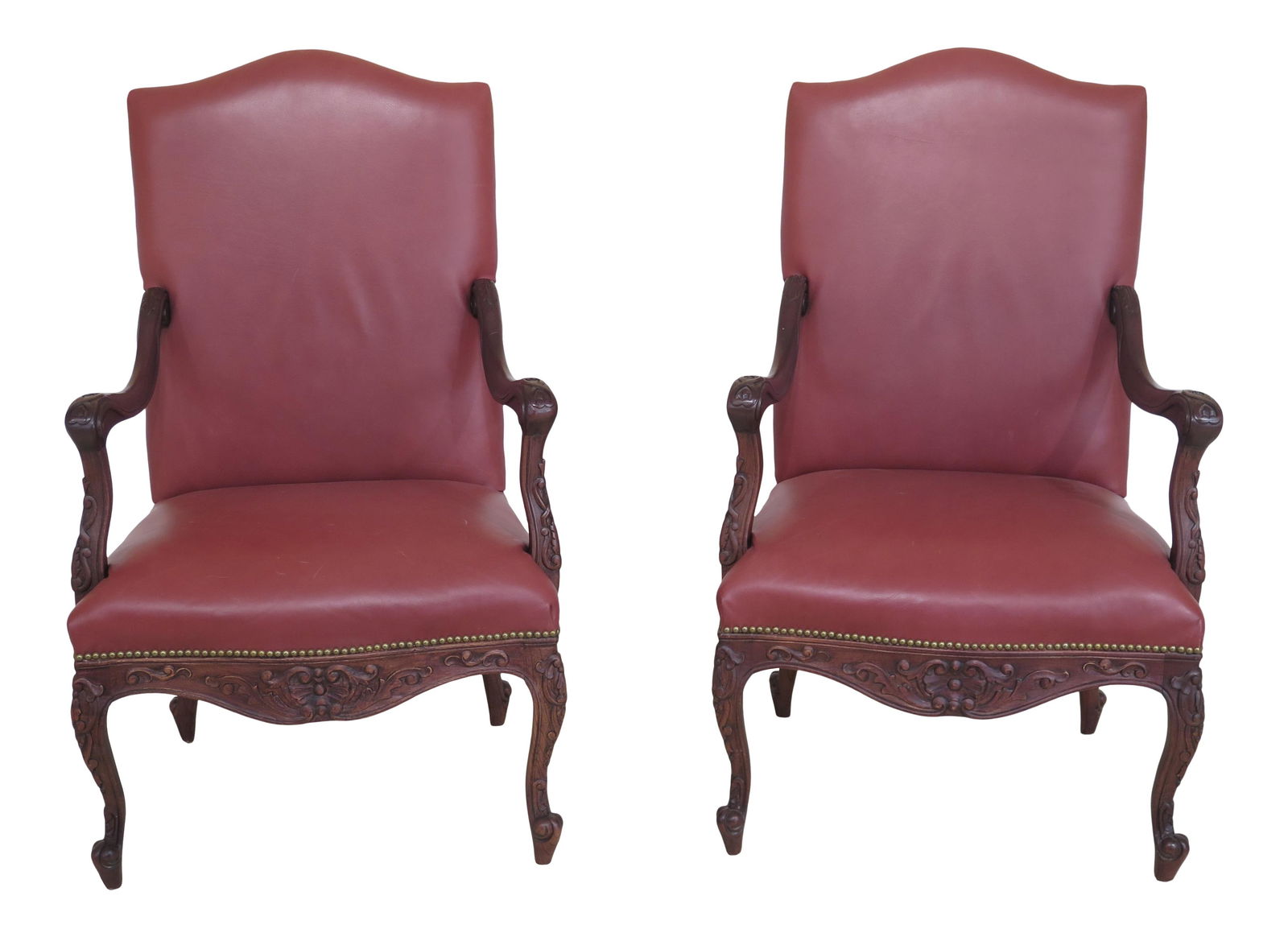 Vintage 1980s Old Hickory Tannery Carved Walnut Leather Arm Chairs Pair (1 of 10)