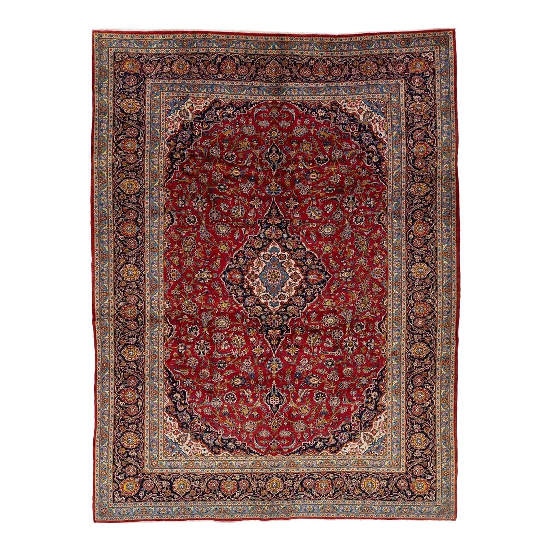 Vintage Red Kashan Persian Wool Rug 10' x 13'3" Medallion Design: Vintage Red Kashan Persian Wool Rug 10' x 13'3" Medallion Design This exquisite vintage red Kashan Persian wool rug features a captivating medallion design enhanced by vibrant multicolor accents. Perf