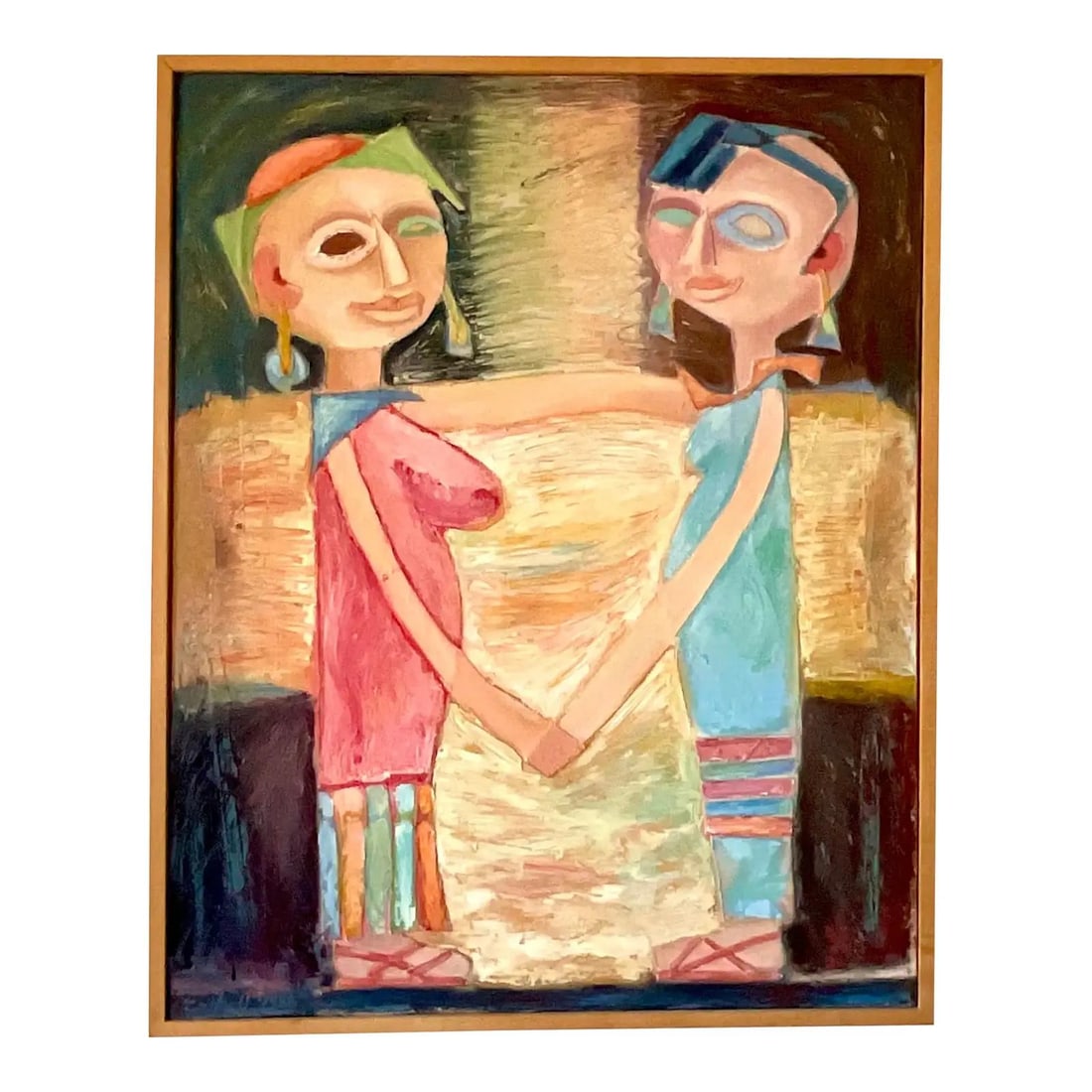 French Modernist Embrace Canvas Painting with Abstract Figures: French Modernist Embrace Canvas Painting with Abstract Figures This vintage French contemporary modernist painting on canvas depicts two stylized figures in a warm embrace, characterized by vibrant co