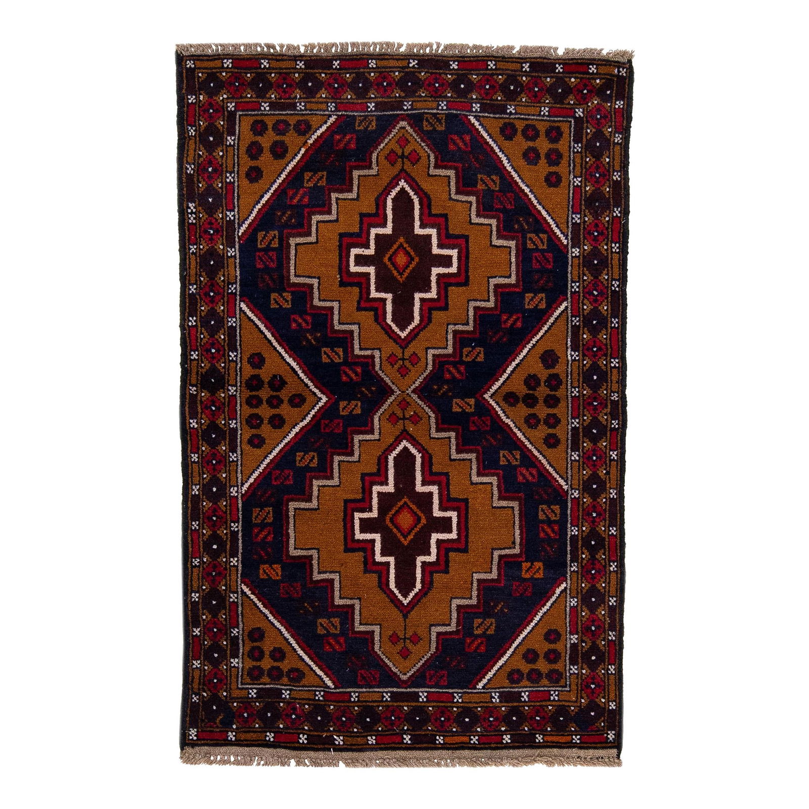 Vintage Persian Balouch Handmade Wool Rug Red Medallion 2'9 x 4'6: Vintage Persian Balouch Handmade Wool Rug Red Medallion 2'9 x 4'6 Discover the charm of this 1960s Vintage Persian Balouch hand-knotted wool rug, featuring a striking red field adorned with multicolor