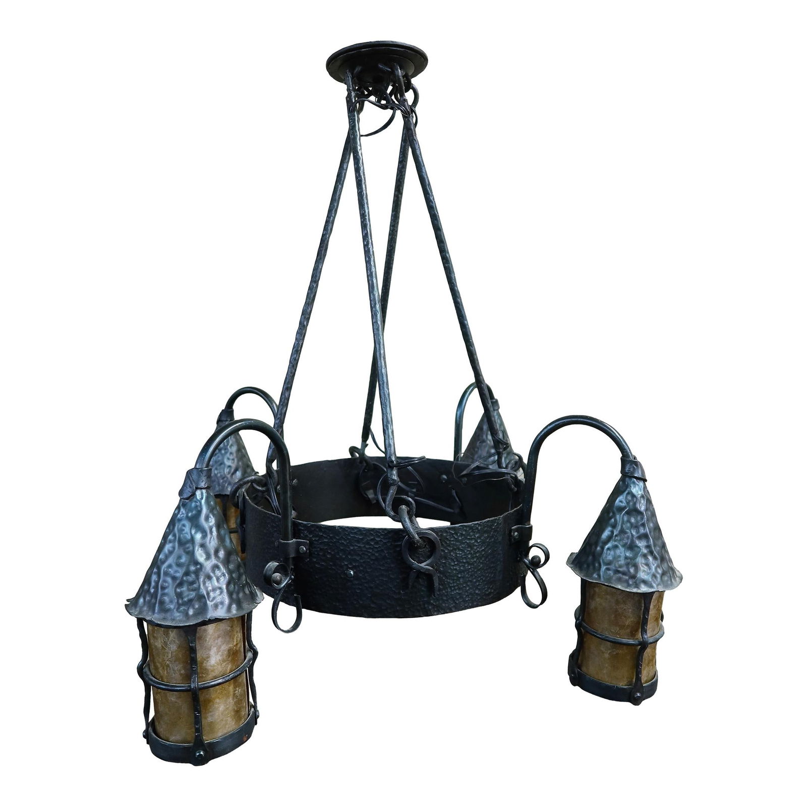 Gothic 4 Light Chandelier in Wrought Iron and Hammered Copper (1 of 10)
