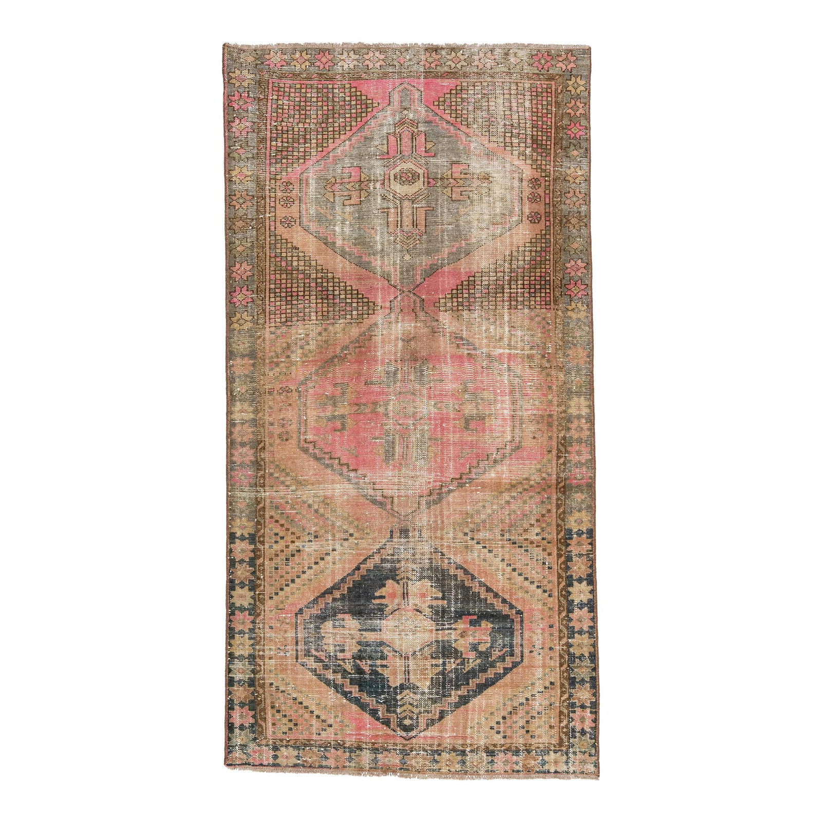 Vintage Persian Handmade Wool Rug Distressed Peach Medallion 3'10 x 7'8: Vintage Persian Handmade Wool Rug Distressed Peach Medallion 3'10 x 7'8 Enhance your space with this stunning Mid 20th Century Vintage Persian Distressed Wool Rug. Hand-knotted with care, this beautif