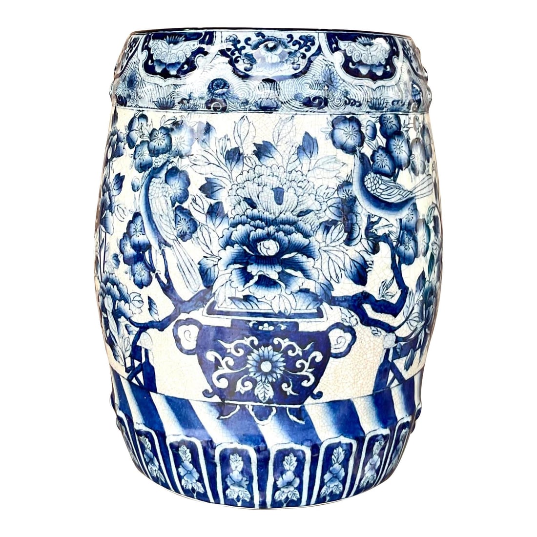 Vintage Ming Design Blue Ceramic Garden Stool 18.5 inches: Vintage Ming Design Blue Ceramic Garden Stool 18.5 inches Enhance your home decor with this stunning vintage blue and white garden stool, featuring a beautiful Ming design crafted from chic glazed cer
