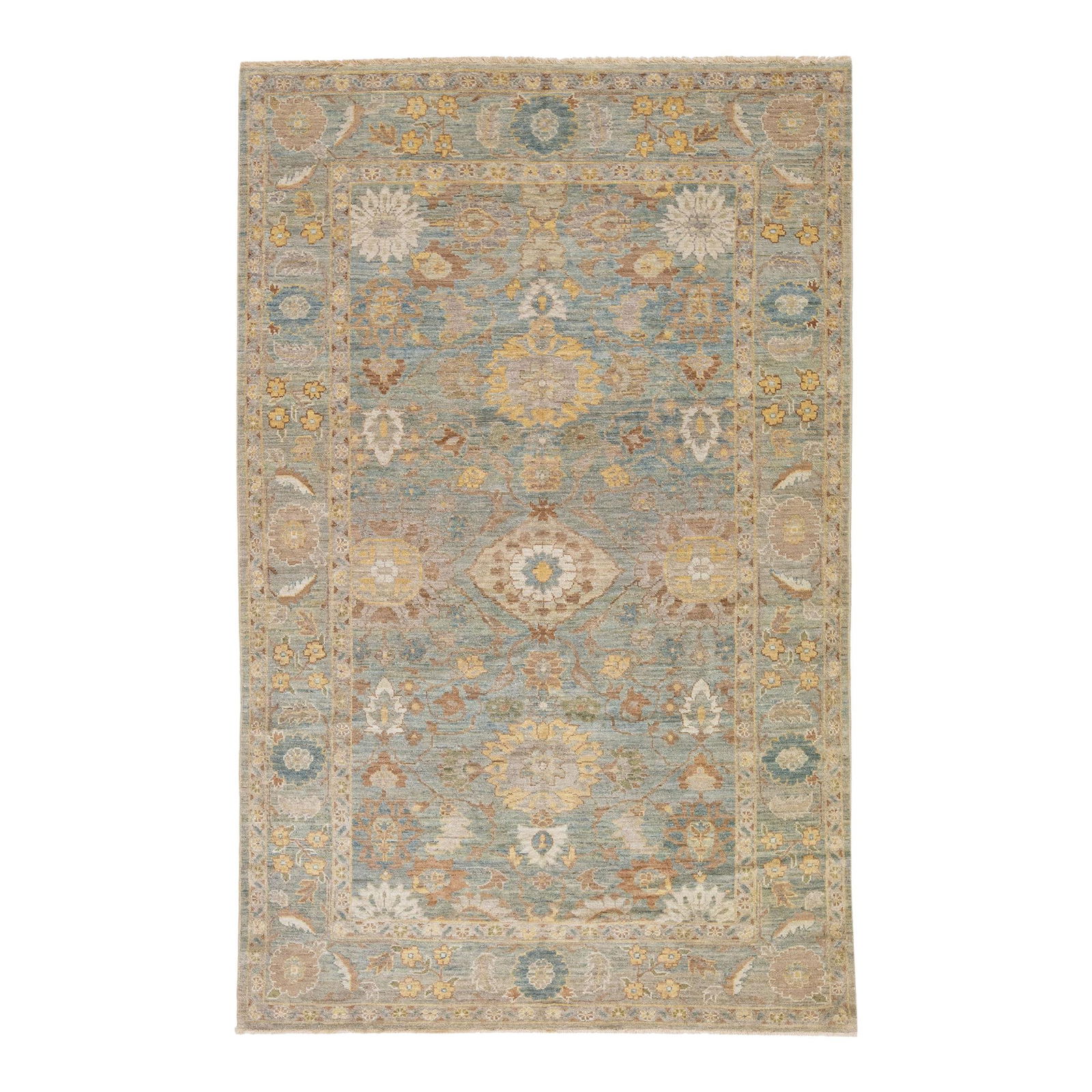 Sultanabad Handmade Floral Wool Rug 6'2" x 9' Blue Accents: Sultanabad Handmade Floral Wool Rug 6'2" x 9' Blue Accents Enhance your living space with this exquisite Early 21st Century Floral Modern Sultanabad Handmade Wool Rug. Featuring a vibrant blue color f