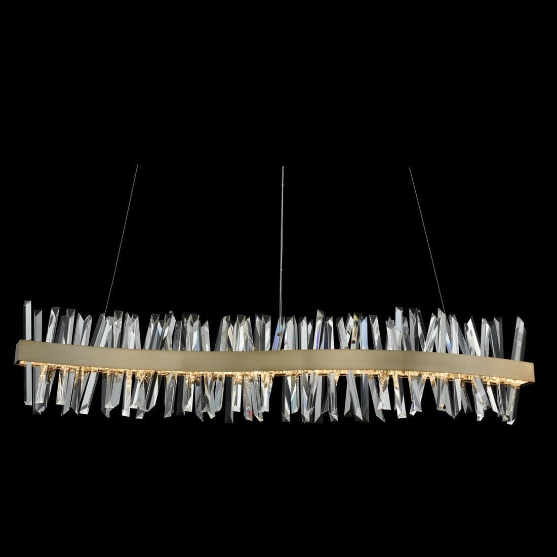 Kalco Glacier 60-Inch LED Wave Chandelier Brushed Gold Crystal: Kalco Glacier 60-Inch LED Wave Chandelier Brushed Gold Crystal Illuminate your space with the Glacier 60-Inch LED Wave Indoor Lighting, a stunning blend of contemporary design and functionality. This