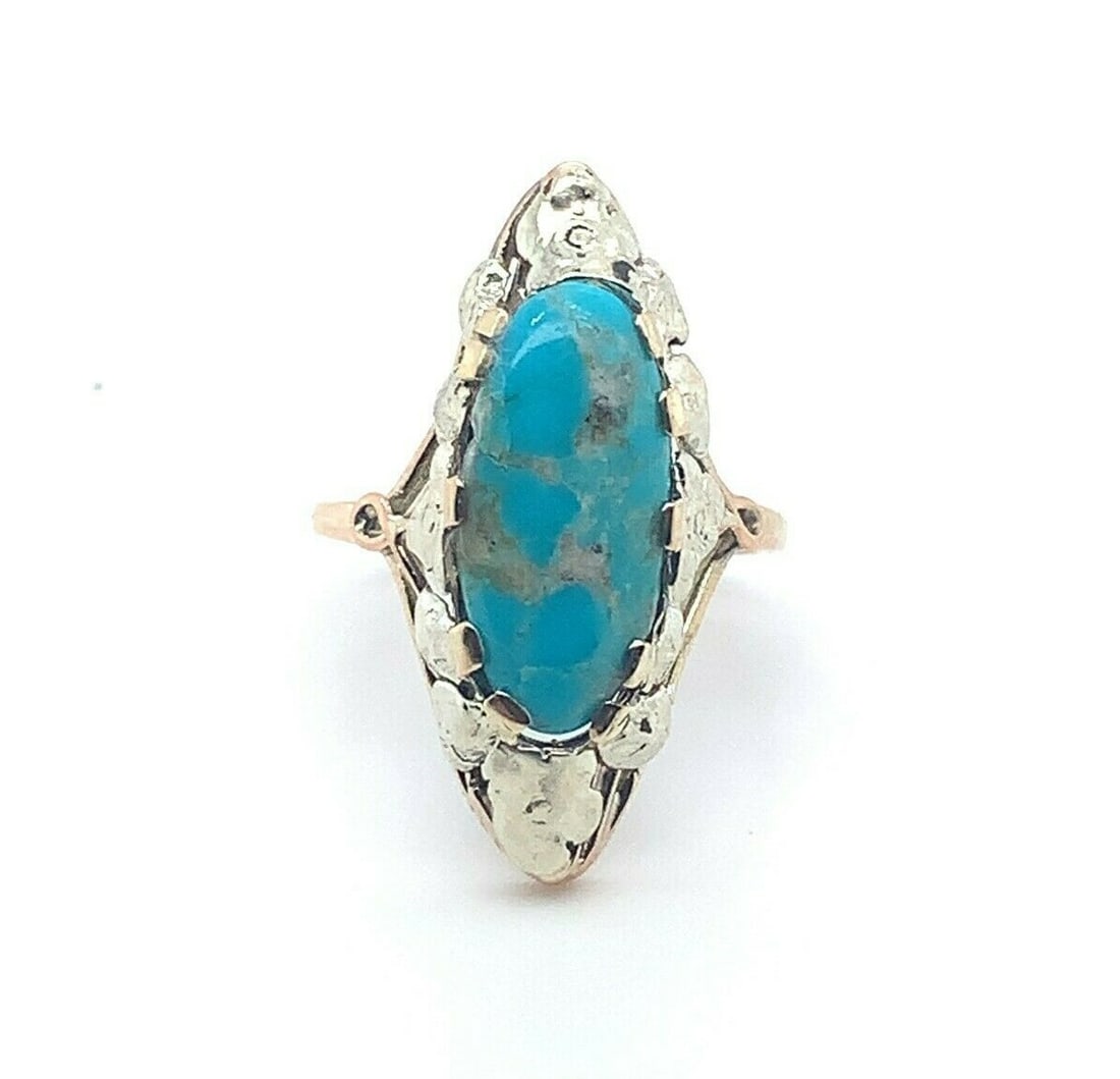 Antique 14k Gold Arts and Crafts Turquoise Ring with Applied Leaves (1 of 9)