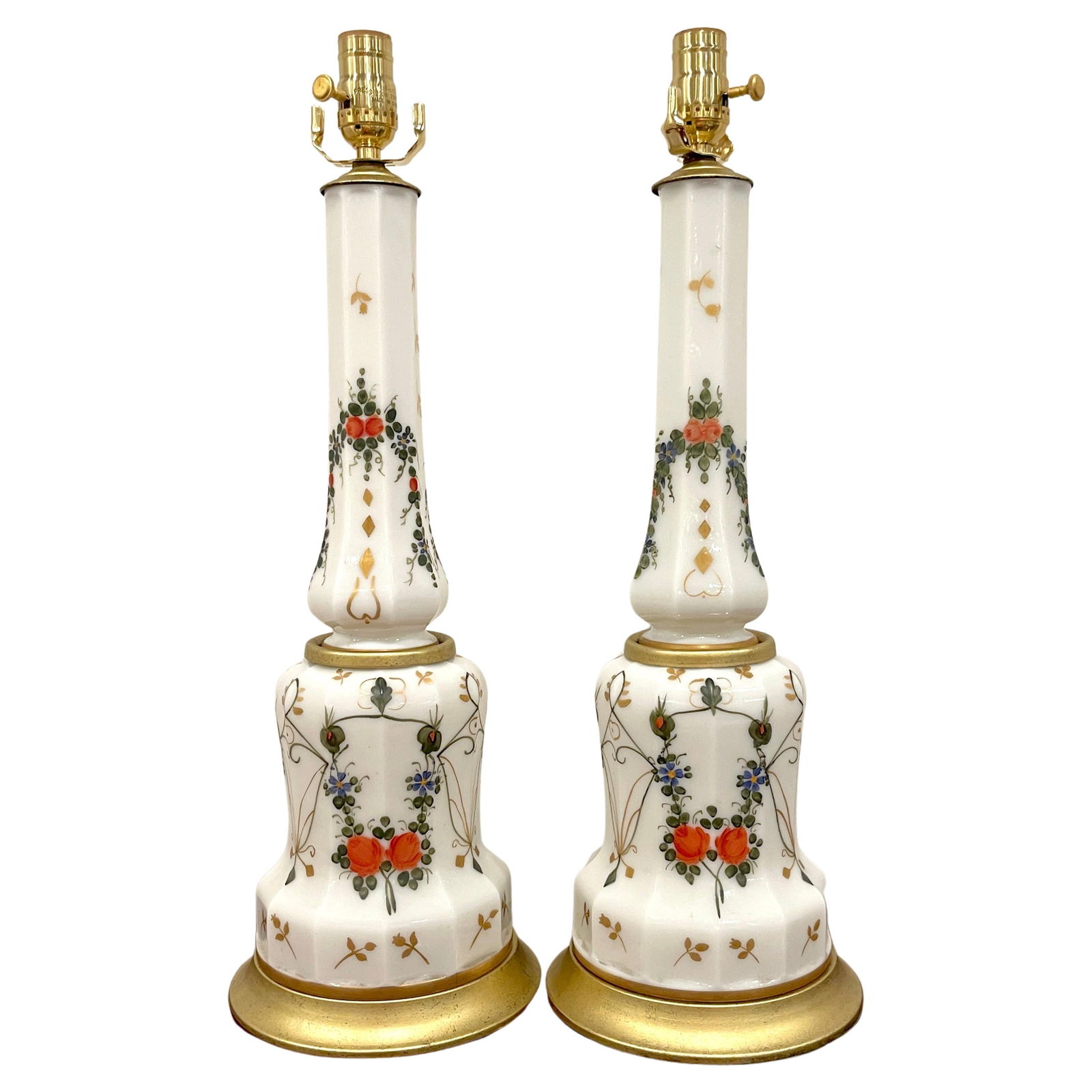 Set of 2 Italian Neoclassical Floral Opaline Glass Column Lamps 1960s: Set of 2 Italian Neoclassical Floral Opaline Glass Column Lamps 1960s Enhance your living space with this exquisite pair of Italian Neoclassical Floral Enameled Opaline Glass Column Lamps, crafted in